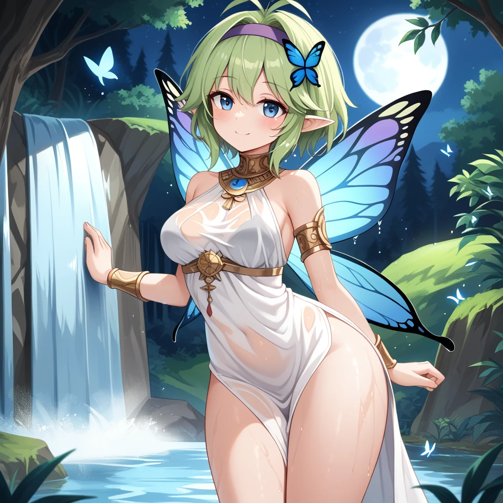 score_9, score_8_up

(masterpiece), best quality, expressive eyes, perfect face, perfect thighs, perfect anatomy, perfect breasts, perfect eyes, medium breasts, perfect thighs, perfect hips,

ninoss, blue eyes, green hair, short hair, antenna hair, purple hairband, hair ornament, greek clotches, greek goddess, white tunic, see-through, waterfall, behind waterfall, inside waterfall, wet clothes, inside water, smile, blush, moon, night sky, butterflies, forest, flowers,   fairy wings,