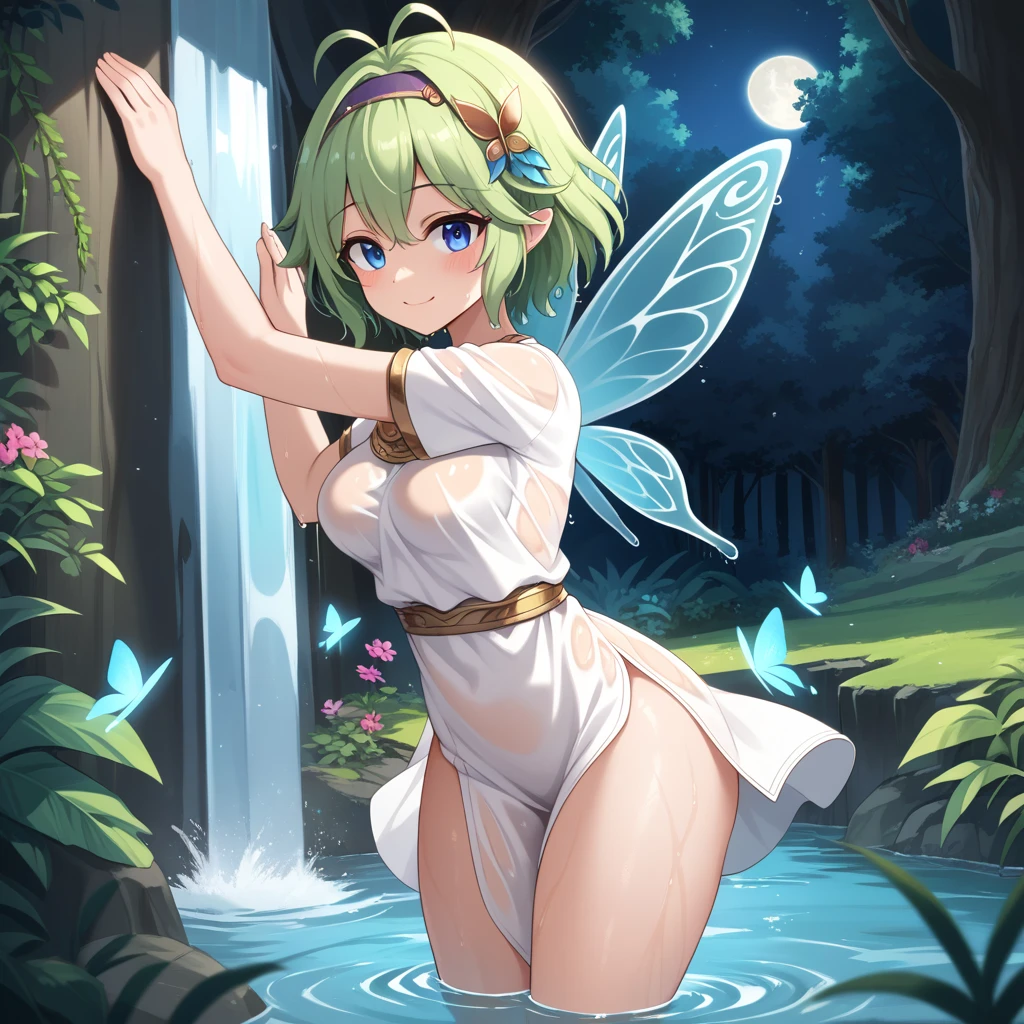 score_9, score_8_up

(masterpiece), best quality, expressive eyes, perfect face, perfect thighs, perfect anatomy, perfect breasts, perfect eyes, medium breasts, perfect thighs, perfect hips,

ninoss, blue eyes, green hair, short hair, antenna hair, purple hairband, hair ornament, greek clotches, greek goddess, white tunic, see-through, waterfall, behind waterfall, inside waterfall, wet clothes, inside water, smile, blush, moon, night sky, butterflies, forest, flowers,   fairy wings,