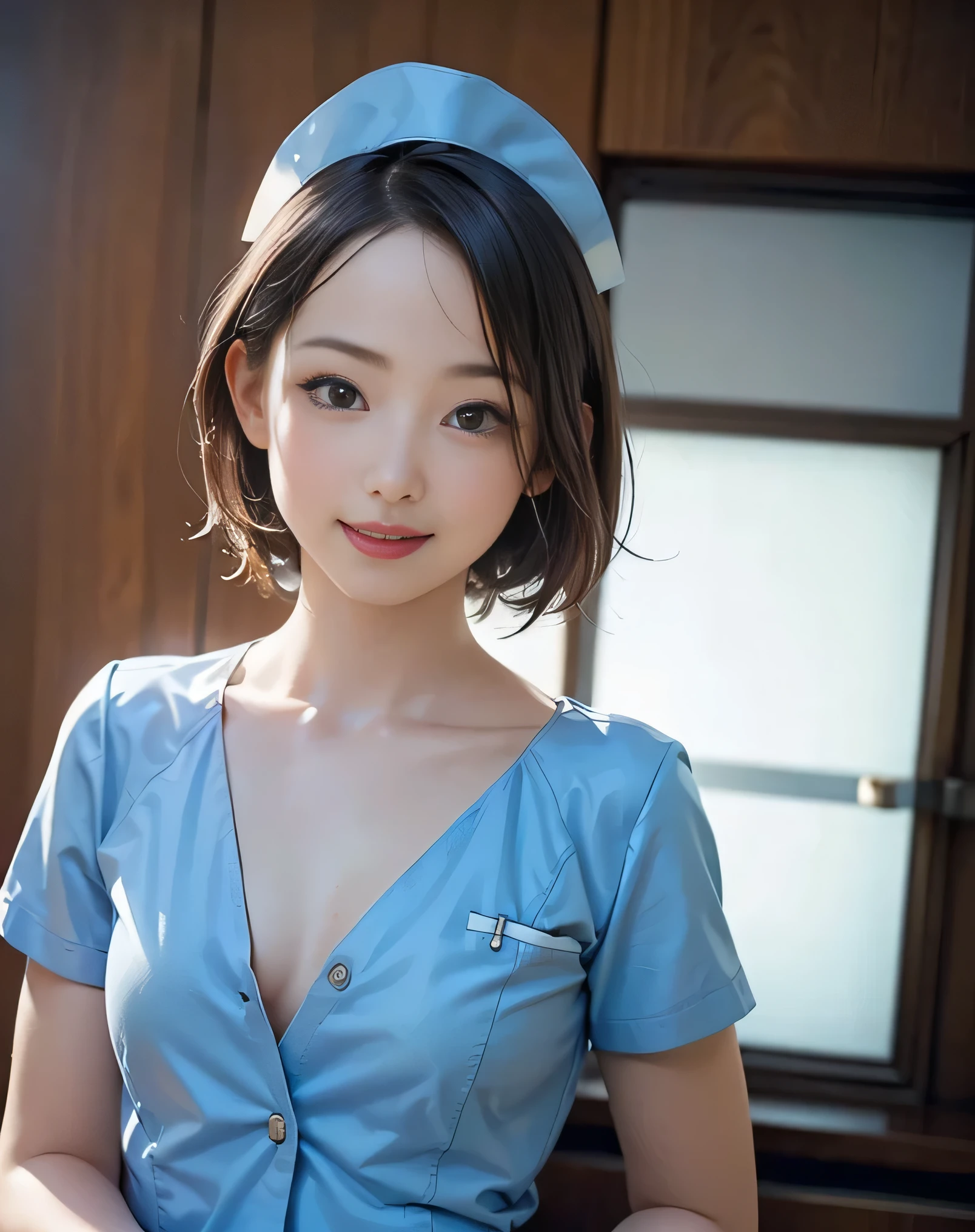 (Realistic:2.0),(High resolution:1.5),(1girl:1.5),(solo:1.5),(ager:1.3),(young:1.3),(looking at the viewer),Small face,(Flat chest:1.4),(Very small breasts),short bob hair,bangs:1.2,(large eyes),(Realistic eyes),(smile:1.2),(Simple Light_blue nurse uniform:1.1),nurse mini skirt,(Hospital room:1.2),Collarbone,Open clothes,