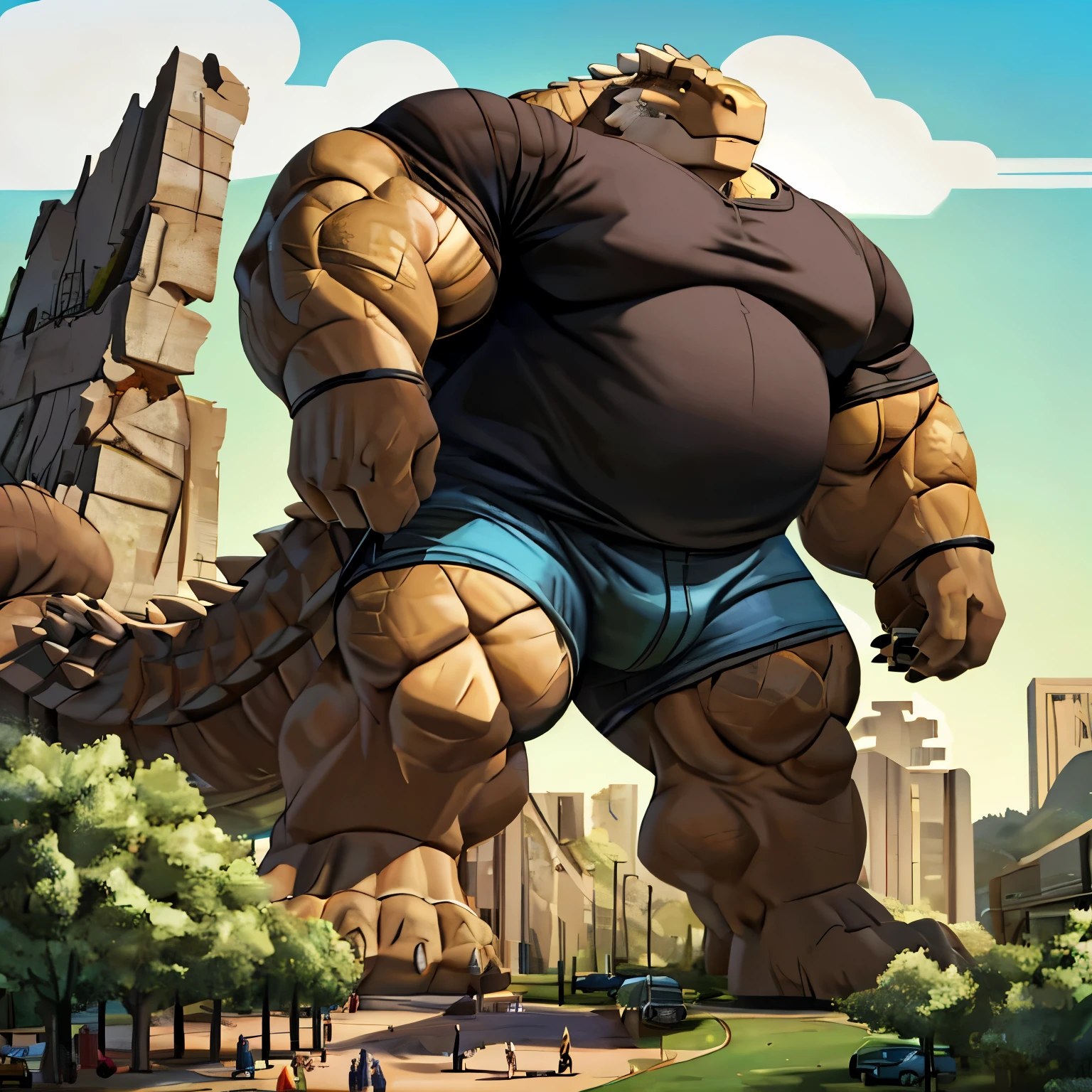 Anthro Ankylosaurus, With a club on the tail, In a park ,  who is house big and wears a T-shirt and shorts, (massiv:3.0, big muscle :1.1( heavyweight,stark,Macro, emphasize the huge size,  Stepping on the ruins ))