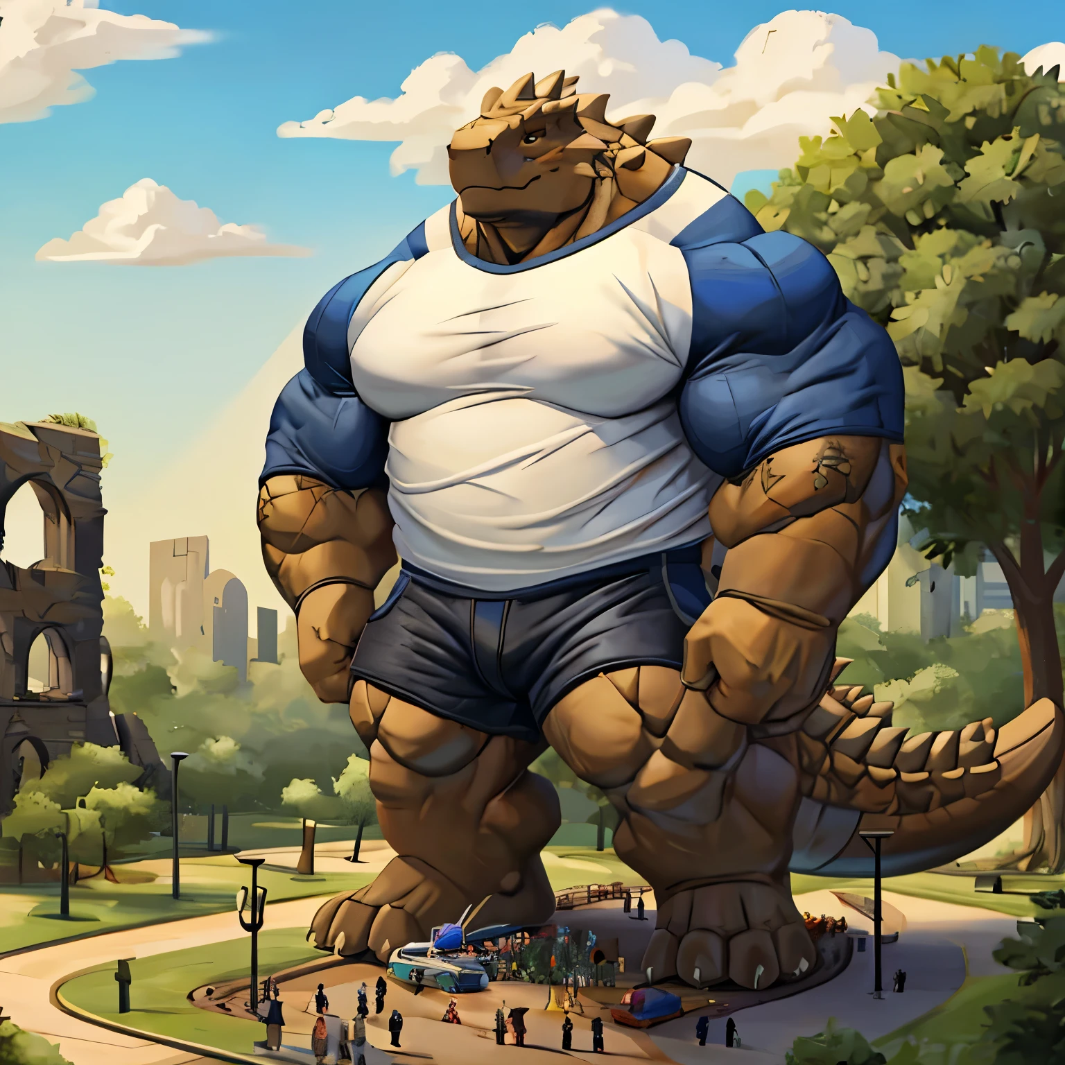 Anthro Ankylosaurus, With a club on the tail, In a park ,  who is house big and wears a T-shirt and shorts, (massiv:3.0, big muscle :1.1( heavyweight,stark,Macro, emphasize the huge size,  Stepping on the ruins ))