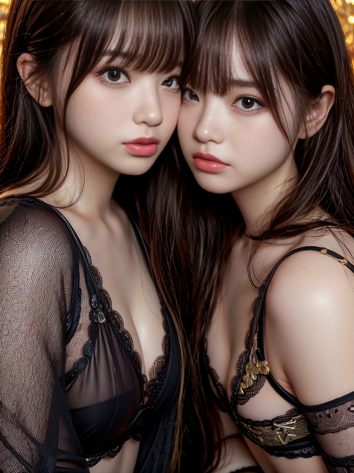 (masterpiece, best quality), best resolution, (2heads:1.5), 1girl, brown hair, brown eyes,Front, detailed face, beautiful eyes