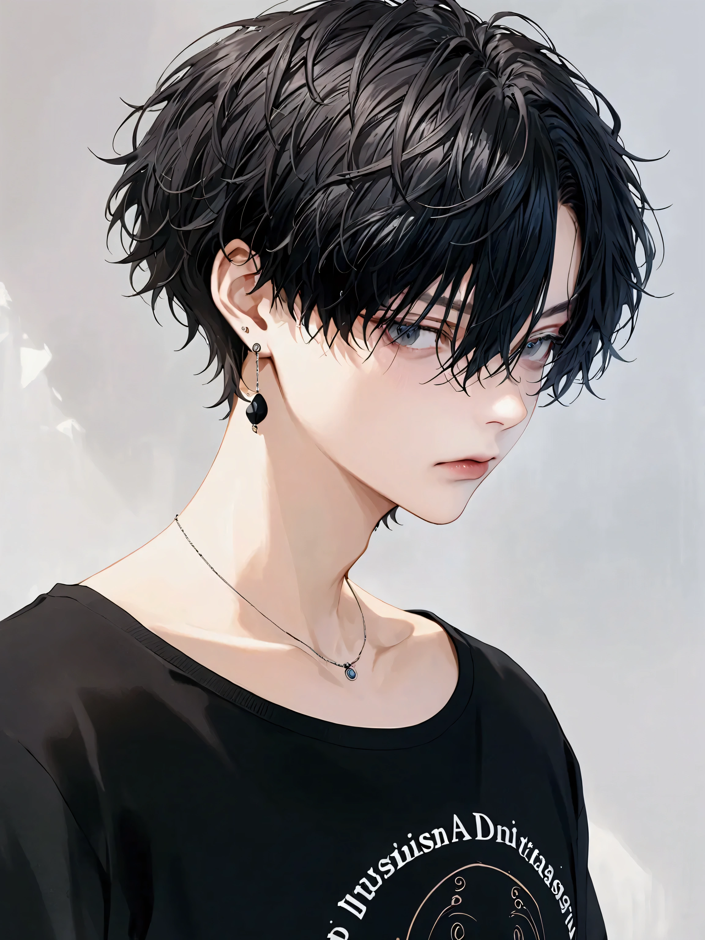 Draw a mysterious young male anime character with short hair, dark and wavy.  The hair must have a textured cut , voluminous,  and a slightly messy look .  The fringe should fall over the eyes in a subtle way ,  giving an enigmatic and carefree air to the character .  The threads must have a slightly messy touch ,  with a slight moist appearance that enhances the contrast of waves .  The character must have a calm and introspective expression ,  with eyes that suggest intensity and focus .  Wear it with a simple dark-colored t-shirt and small accessories ,  like a discreet earring ,  to complement the casual and modern style .  The overall aesthetic of the character must convey an independent personality, confident and intriguing .