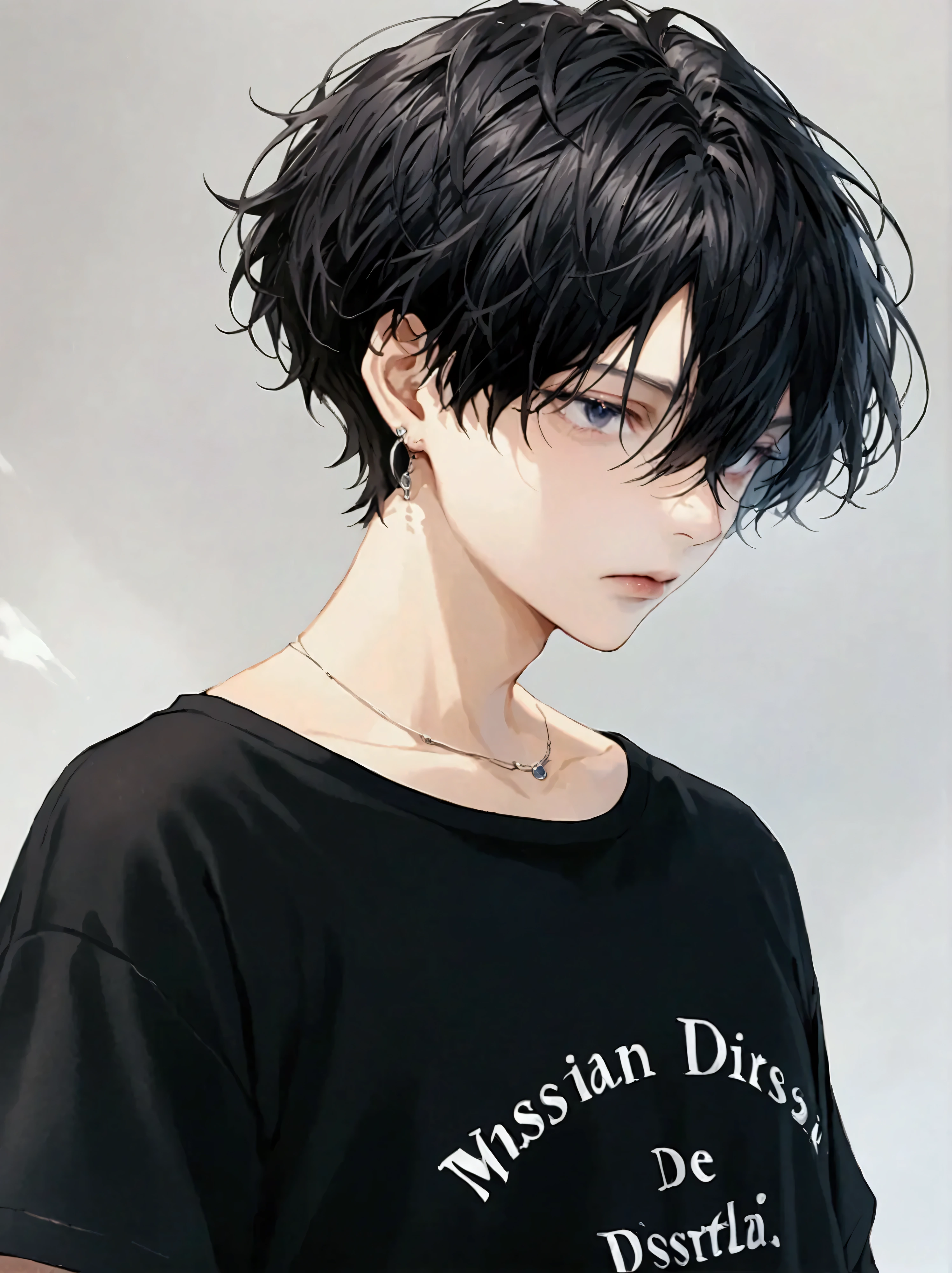 Draw a mysterious young male anime character with short hair, dark and wavy.  The hair must have a textured cut , voluminous,  and a slightly messy look .  The fringe should fall over the eyes in a subtle way ,  giving an enigmatic and carefree air to the character .  The threads must have a slightly messy touch ,  with a slight moist appearance that enhances the contrast of waves .  The character must have a calm and introspective expression ,  with eyes that suggest intensity and focus .  Wear it with a simple dark-colored t-shirt and small accessories ,  like a discreet earring ,  to complement the casual and modern style .  The overall aesthetic of the character must convey an independent personality, confident and intriguing .