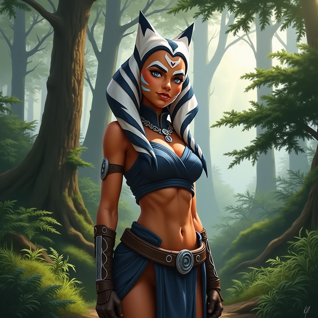 Sexy star warrior character Ahsoka Tano, with breasts and beautiful eyes, Against the backdrop of the jungle, realism