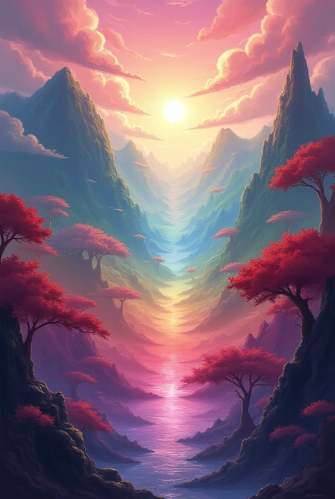 A surreal masterpiece，It presents a beautiful and spectacular view of dusk。Lakes and trees form the background，Accompanied by colorful sunsets and fantastic sky reflections。The beautiful sky blends in with the color of the lake，It's like a flame。This 8K picture creates a fantastic atmosphere，Colorful clouds are suspended in it，Create surreal visual experiences
