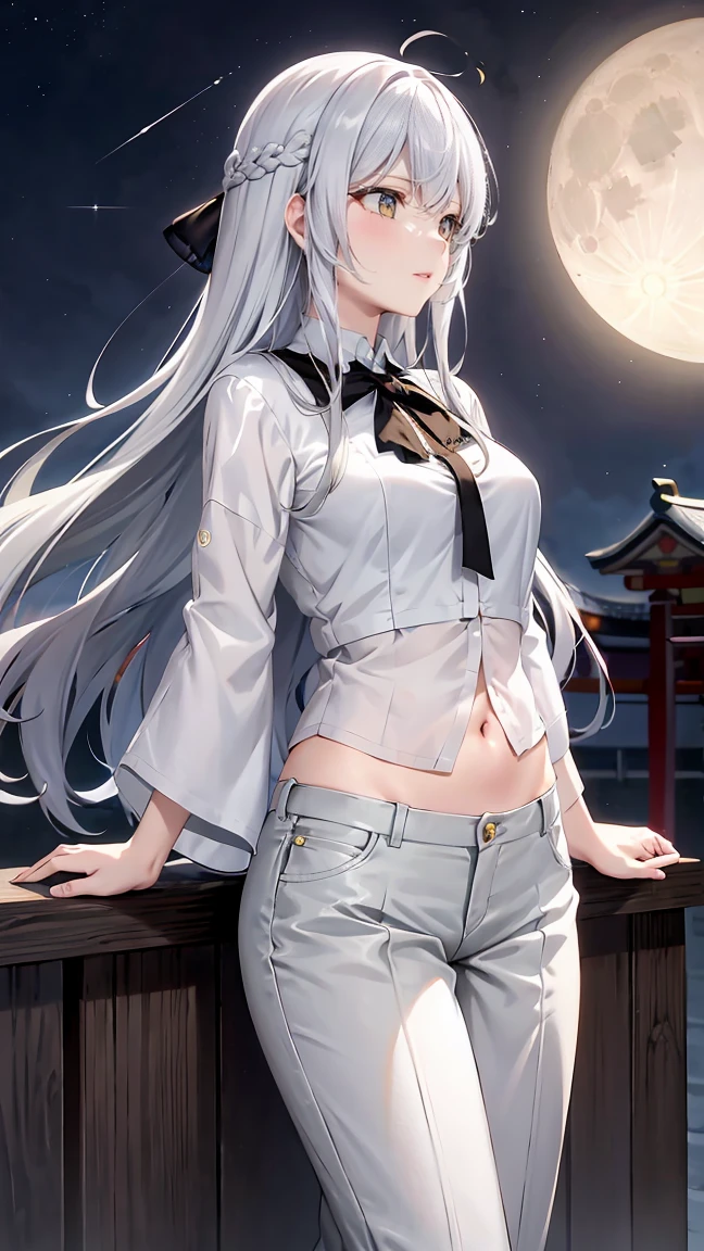  long silver hair 、  tension as the inner color for long hair, yellow eyes , Moonlight、 moonlight、、、, composition showing the whole body from head to toe、Chuckle、Older sister、Sexy Fashion、blouse、Belly button exposed、Tapered trousers、Night Beauty、A fearless face、Yamato Nadeshiko、Karate Kata、A dignified woman、 slender、Bodyline、Japanese beauty、Looking up at the moon、profile