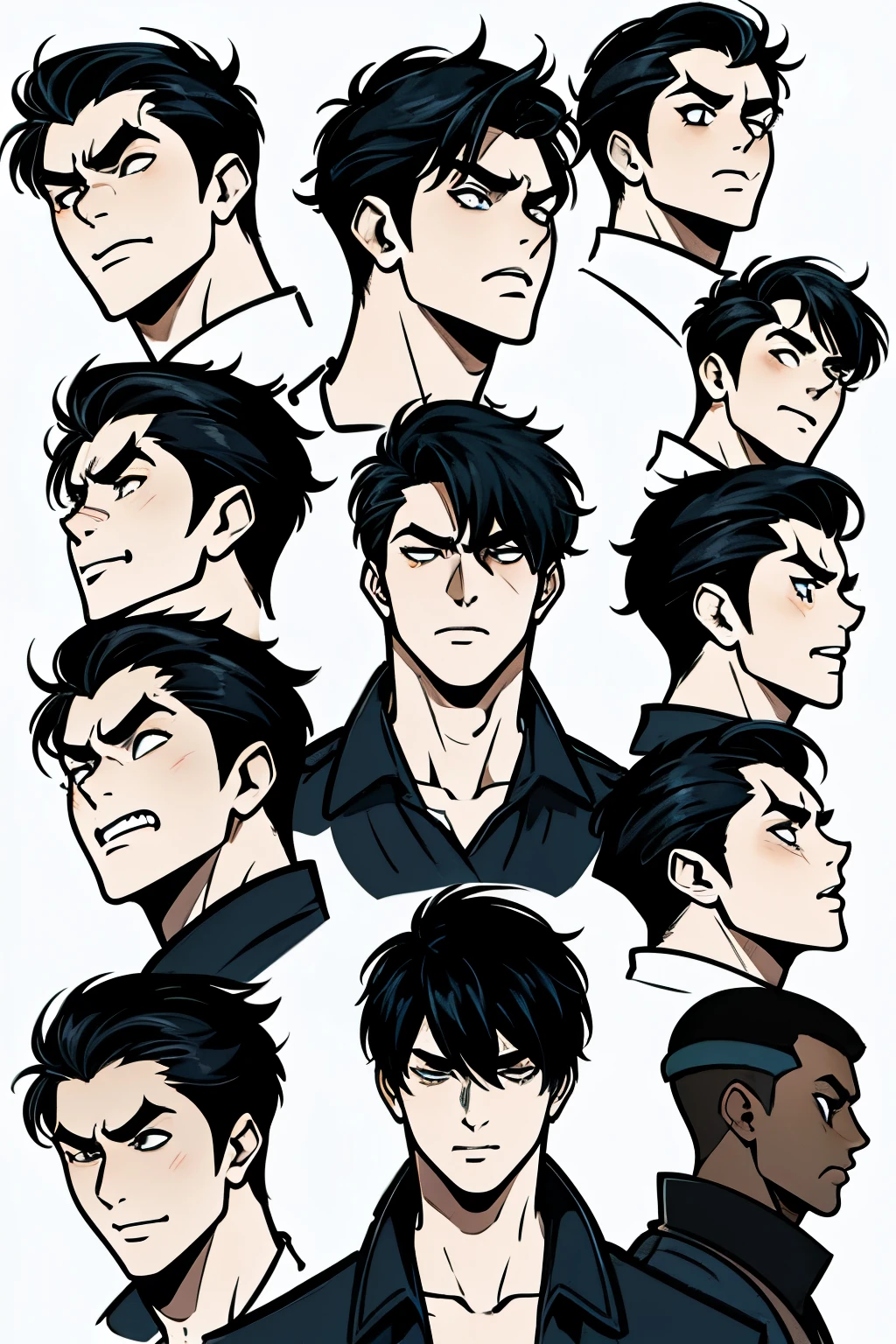 ((character design)), ((character concept)), ((concept art)), ((1boy)), black hair, detailed eyes, white shirt, handsome young man, 20 year old, emoji pack, multiple angles, 8 different angles, different emotions, same character, side profile, angry, screaming, showing teeth, grit teeth, looking up