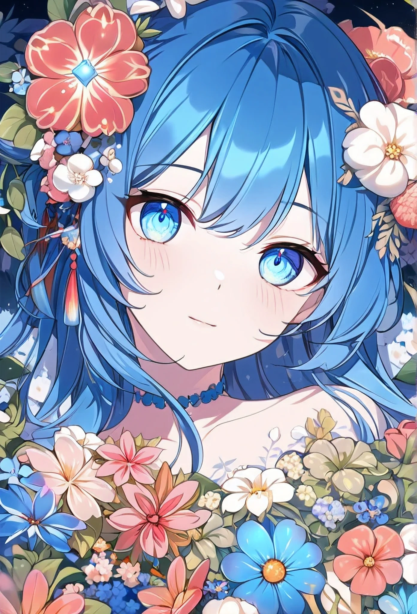 anime girl with blue eyes and flowers in her hair, detailed digital anime art, anime style 4 k, digital art on pixiv, anime art wallpaper 4k, anime art wallpaper 4 k, beautiful anime portrait, digital anime art, detailed anime art, [ 4 k digital art ]!!, anime art wallpaper 8 k, luminescent blue eyes