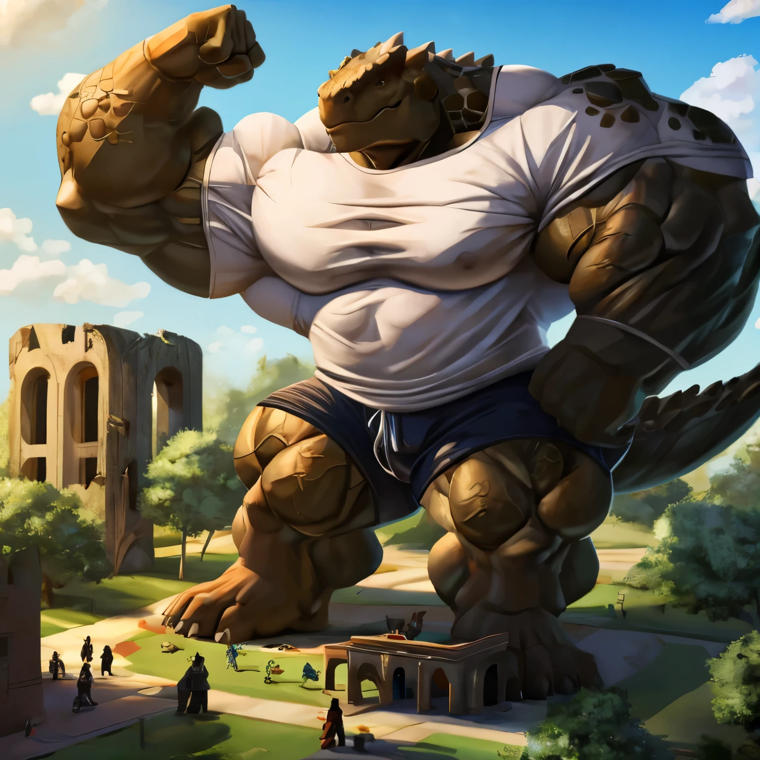 Anthro Ankylosaurus, With a club tail , In a park ,  who is house big and wears a T-shirt and shorts, (massiv:3.0, big muscle :1.1( heavyweight,stark,Macro, emphasize the huge size,  Stepping on the ruins ))