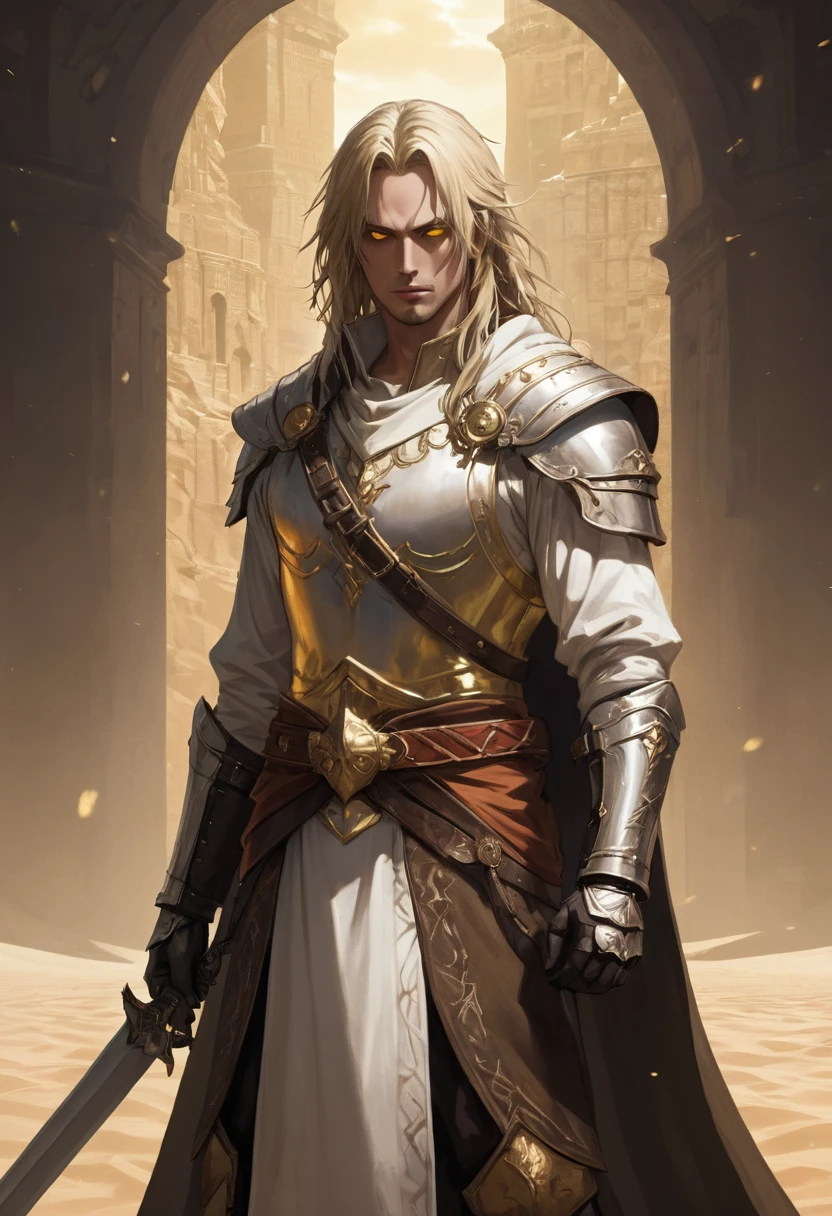 (anime, (masterpiece, best quality, ultra detailed, best shadow), (detailed background, dark fantasy), (detailed human face and head), (medieval) (yellow and bronze sword), ((hard shredded abs)),  one boy full body, best quality, cinematic lighting, dark, an ancient slavic warrior, diffuse lighting, fantasy, intricate, highly detailed, highly detailed face, realistic, photo realistic, digital painting, art station, illustration, concept art, soft sharp focus, alone, gloves, long hair, belly button, blonde and brown hair, palace desert sand, hair between eyes, white gloves, looking at viewer, finger less gloves, hold on, shoulders, large belt, elbows, yellow eyes, helmet, bronze armor, earth colored parted lips, pants, sweat, yellow eyes, bandages, slavic warrior, sand particles, best quality, slavic white human, cinematic lighting, golden ornaments, chains, earrings, desert background, in focus, luminous, muscular, old warrior, perfect features, ready for battle, sand, skinny, standing, strong, warrior stance, yellow eyes, full muscled body, no body hair or scars, thin hands, by Tim Burton Films. ((bare, hard, marked abs)), happy, liar, Slav. skinny (medieval) (bronze sword)). (Luchando con espadas contra un guerrero con armadura negra).