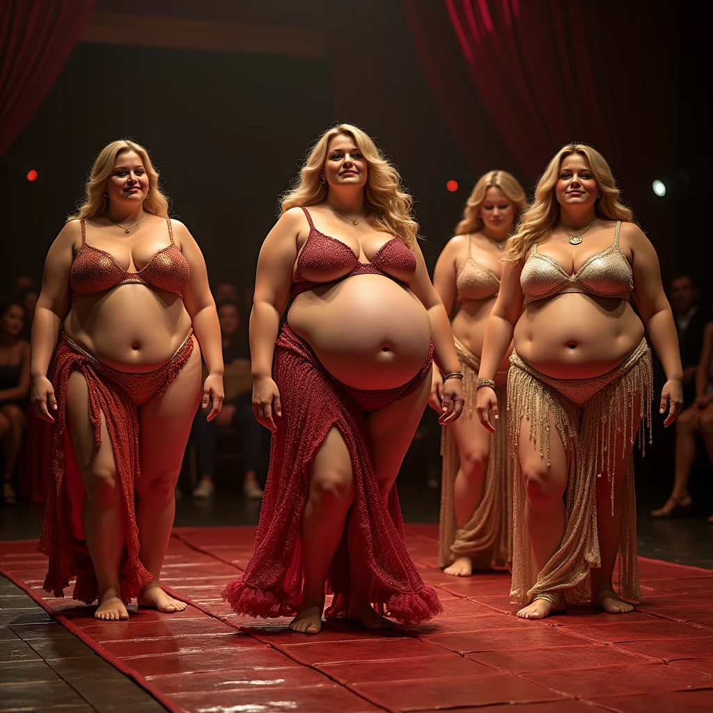 Seven plus size model women are obese and overweight, with plenty of belly fat, they have gained weight by eating too much, they are obese plus size models with very large bellies, their bellies are bulging and covered with a lot of fat, they are wearing gorgeous and colorful dresses and are on the stage of the SSBBW contest to compete for the size of their bodies, 4K quality, low angle