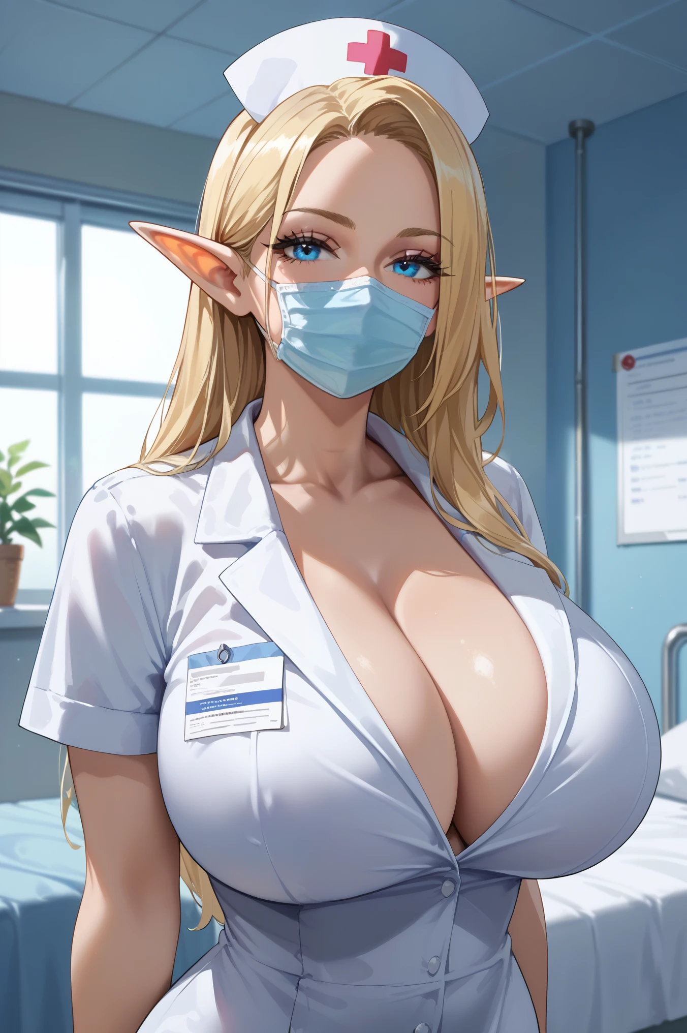 masterpiece, official art, 1girls, solo, thick, curvy, curvaceous, blonde hair, blue eyes, long hair, elf ears, elf, white nurse outfit, medical face mask, nurse cap, closeup, portrait, gigantic breasts, huge breasts, fluffy breasts, standing, bent towards viewer, hands behind back, indoors, at hospital ward, at night, looking at viewer, upper body, seductive, alluring attire, closeup, portrait, cleavage, milf