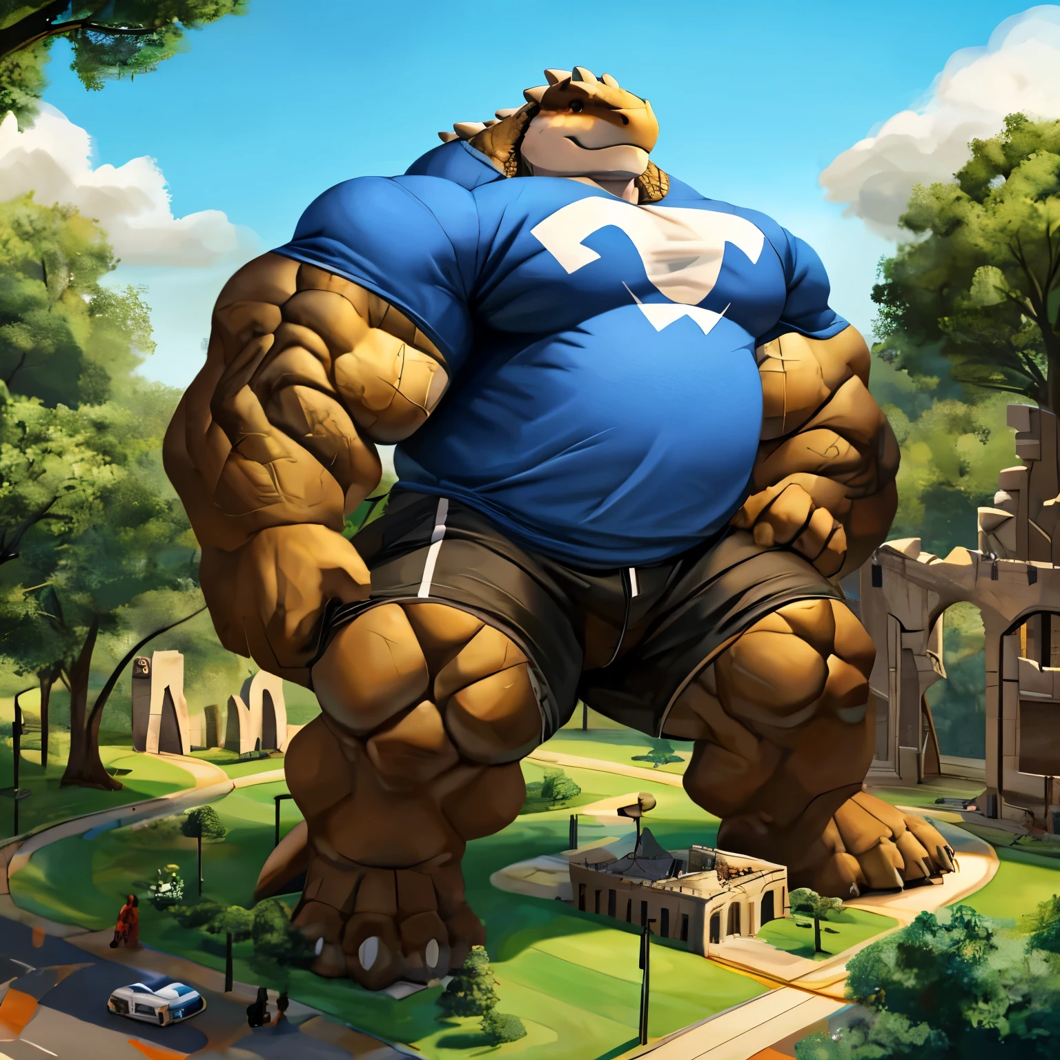 Anthro Ankylosaurus, With a club tail , In a park ,  who is house big and wears a T-shirt and shorts, (massiv:3.0, big muscle :1.1( heavyweight,stark,Macro, emphasize the huge size,  Stepping on the ruins ))