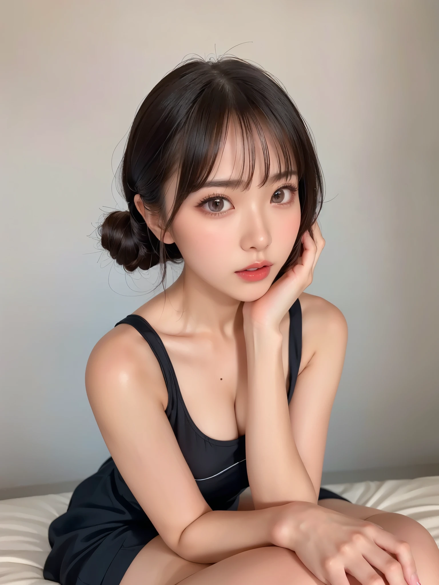  girl, bangs,(wacky dress :1.3,Fantastic dress:1.1),  gray background,  hair between eyes , Big Breasts,   viewer,  open lips, red eyes,   simple background, Alone,((Creative hairstyle)),(shiny skin),(masterpiece:1.4),(Best Quality:1.4),Red lips,((( detailed face,Clear Face, full body shot, full body shot,Thighs,Even your feet are visible))),( detailed face,detailed expression)