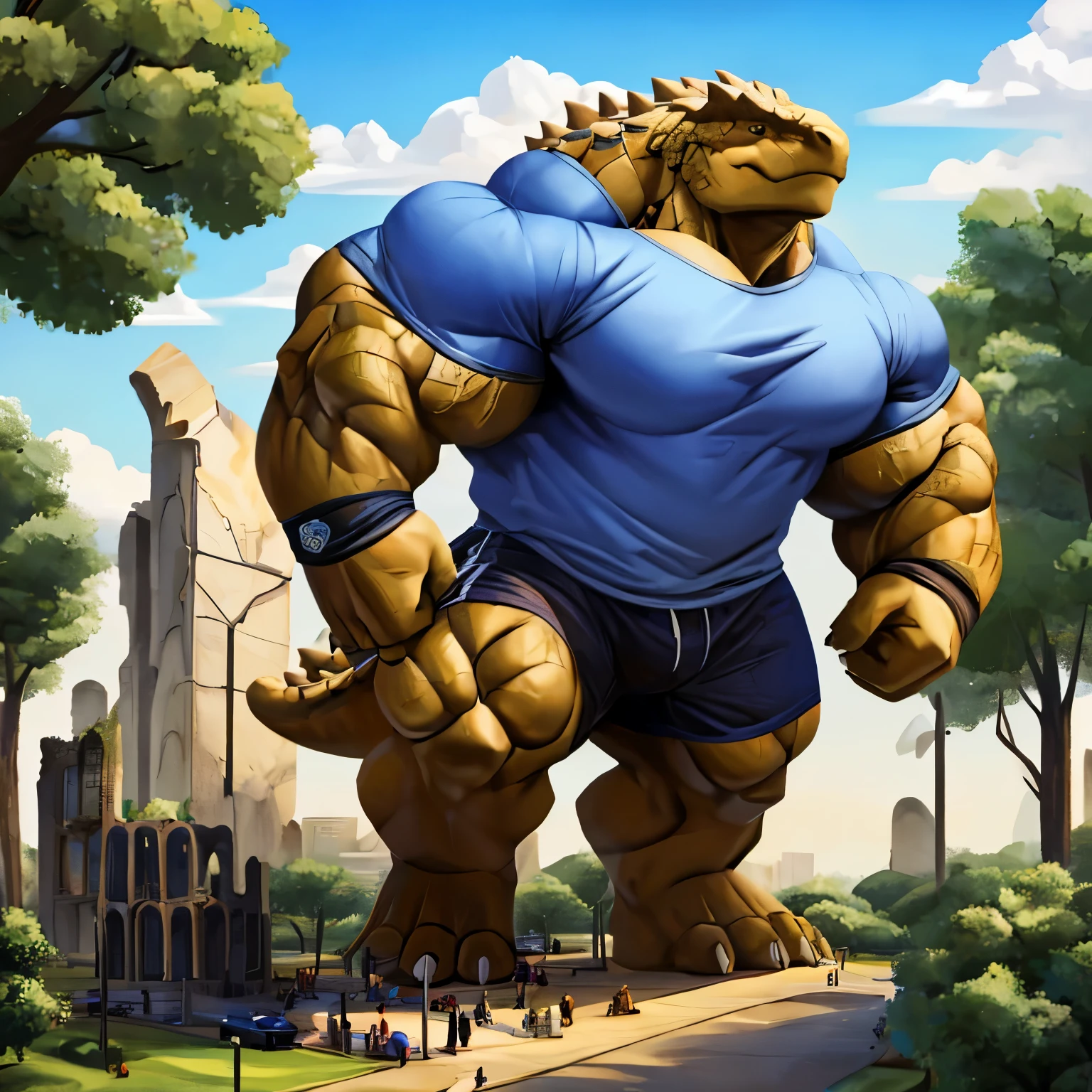 Anthro Ankylosaurus, With a club tail , In a park ,  who is house big and wears a T-shirt and shorts, (massiv:3.0, big muscle :1.1( heavyweight,stark,Macro, emphasize the huge size,  Stepping on the ruins ))