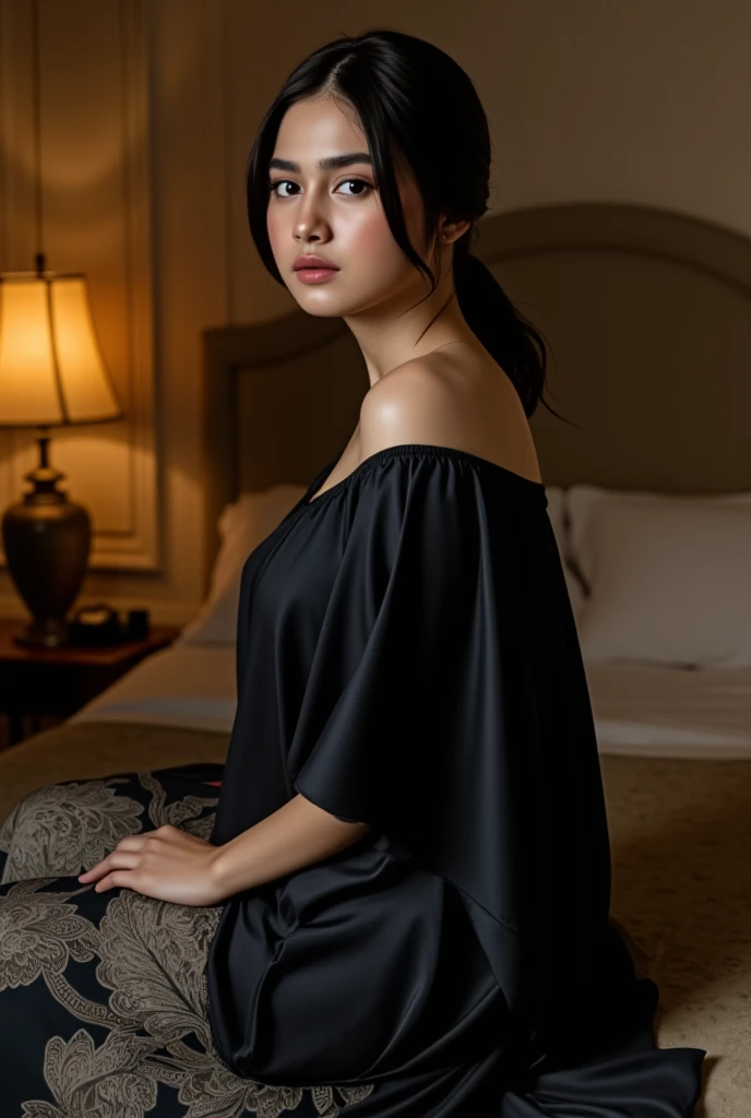 a woman wearing black silk oversize short dress with batic patern in the cozy bedroom