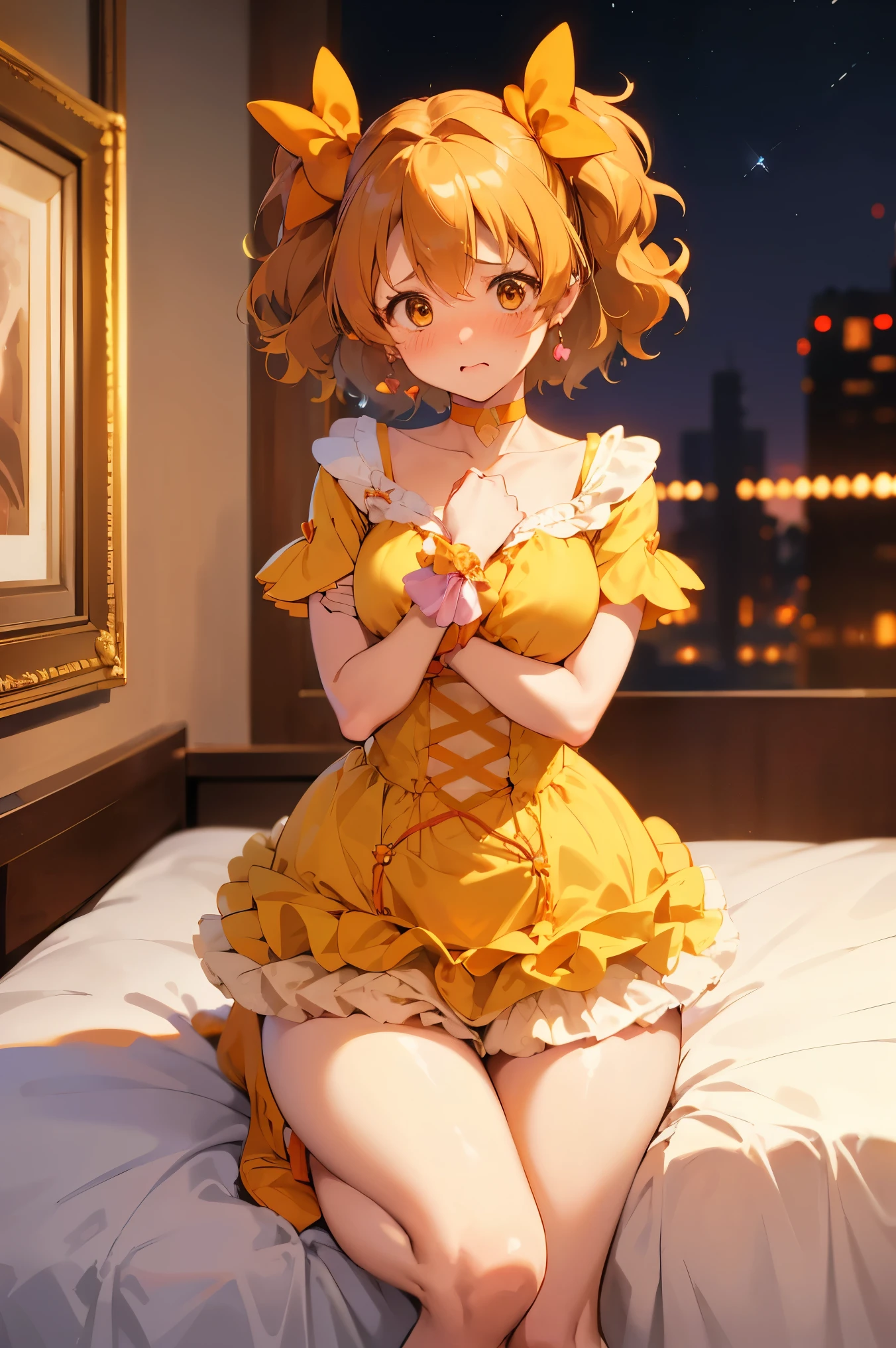 NSFW,masterpiece,Best Quality, high resolution on down, very detailed,Cure Pine \( Pretty Cure\), one side up 、 short hair、 hair bow、Frills、Short sleeve、Wrist cuffs、 orange choker、orange boots 、Yellow Skirt,(Embarrassed:1.5),( shy:1.5),(Nightlife:1.5),( bedroom:1.5)