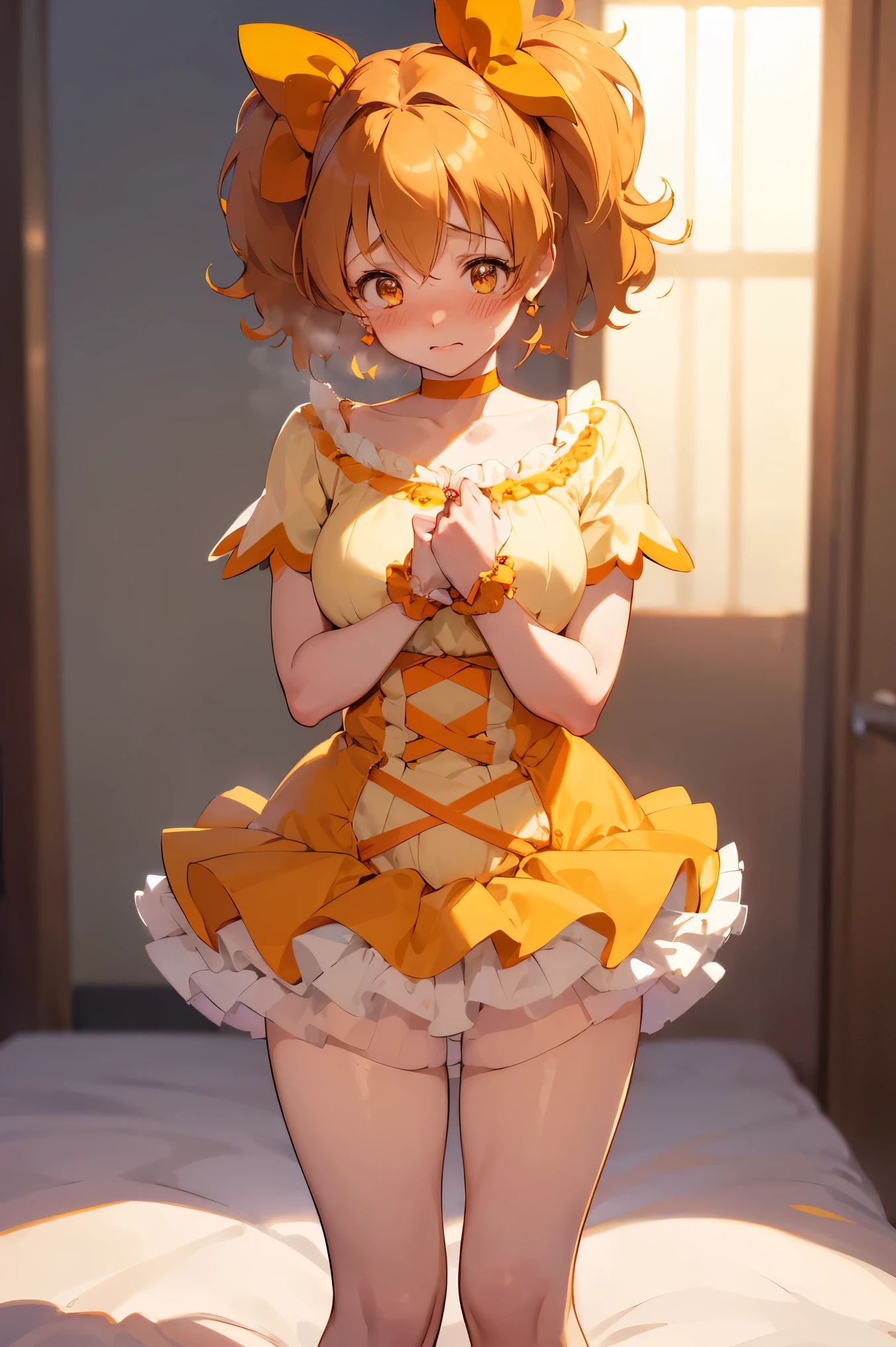 NSFW,masterpiece,Best Quality, high resolution on down, very detailed,Cure Pine \( Pretty Cure\), one side up 、 short hair、 hair bow、Frills、Short sleeve、Wrist cuffs、 orange choker、orange boots 、Yellow Skirt,(Embarrassed:1.5),( shy:1.5),(Nightlife:1.5),( bedroom:1.5)