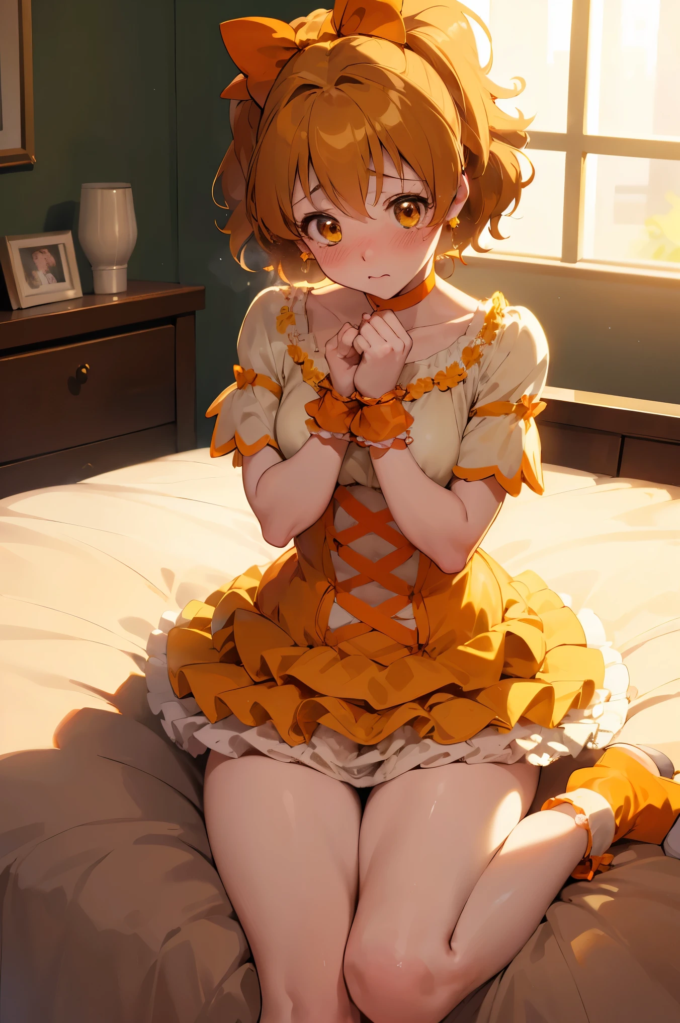 NSFW,masterpiece,Best Quality, high resolution on down, very detailed,Cure Pine \( Pretty Cure\), one side up 、 short hair、 hair bow、Frills、Short sleeve、Wrist cuffs、 orange choker、orange boots 、Yellow Skirt,(Embarrassed:1.5),( shy:1.5),(Nightlife:1.5),( bedroom:1.5)