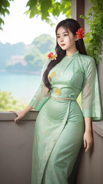 Masterpiece, Best Quality, Official Art, 8k Wallpaper, Very Detailed, Illustration, 1 Girl, Sky Blue Hair, Long Hair, Detailed Eyes, Forrest Gump, Bare Shoulders, Hanfu, Lake, Pure, Soft Smile, bamboo, tea