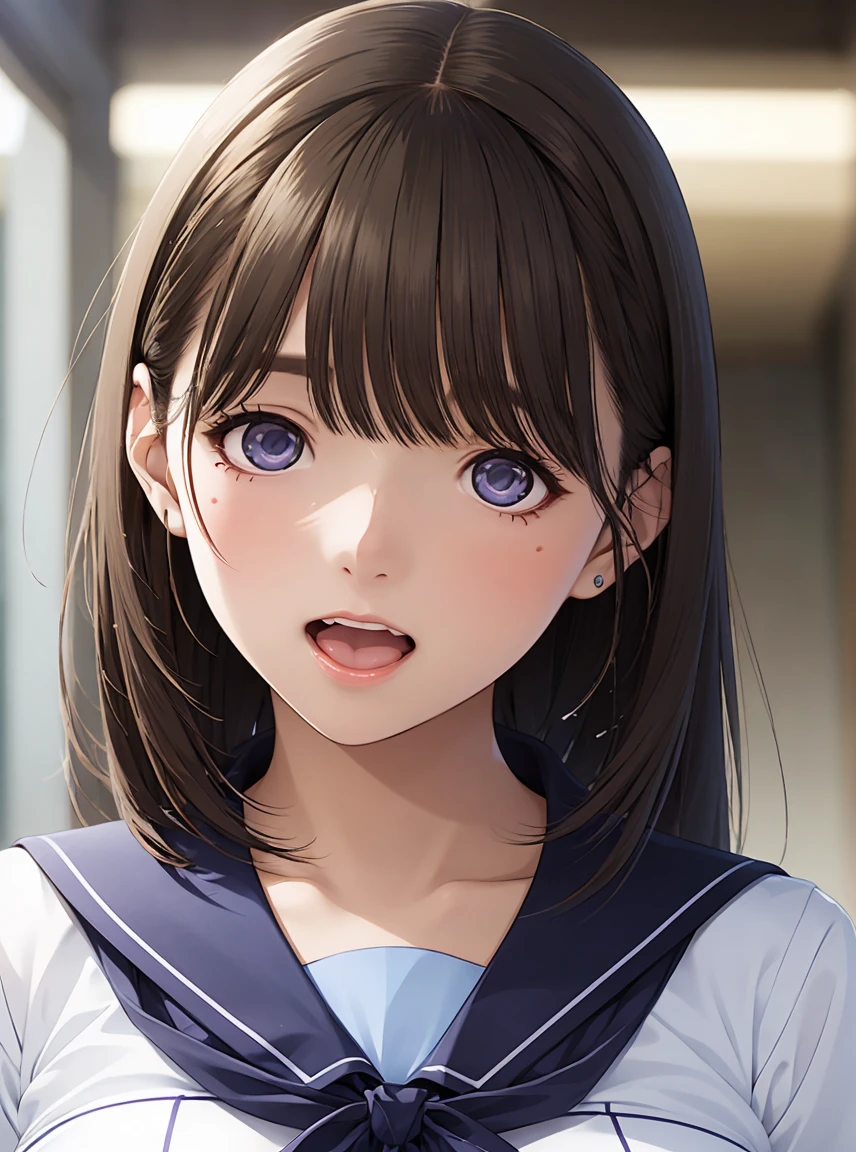  high resolution on down ,In 8K,Best Quality,  Details,Semi-realistic anime,3D Anime Style, Smooth Animated CG , one girl playing pranks, 19-year-old Japanese woman,slim,modeling, (( Semi-long Cheek Hair )), Beautiful brown hair,  Detailsな顔,Beautiful and  Details,  growing skin  ,((  Dark Blue-Purple Sparkling Eyes )),( small breasts),((( open your mouth))),(smile), sailor suit,Shibuya Dusk 、 cowboy shot