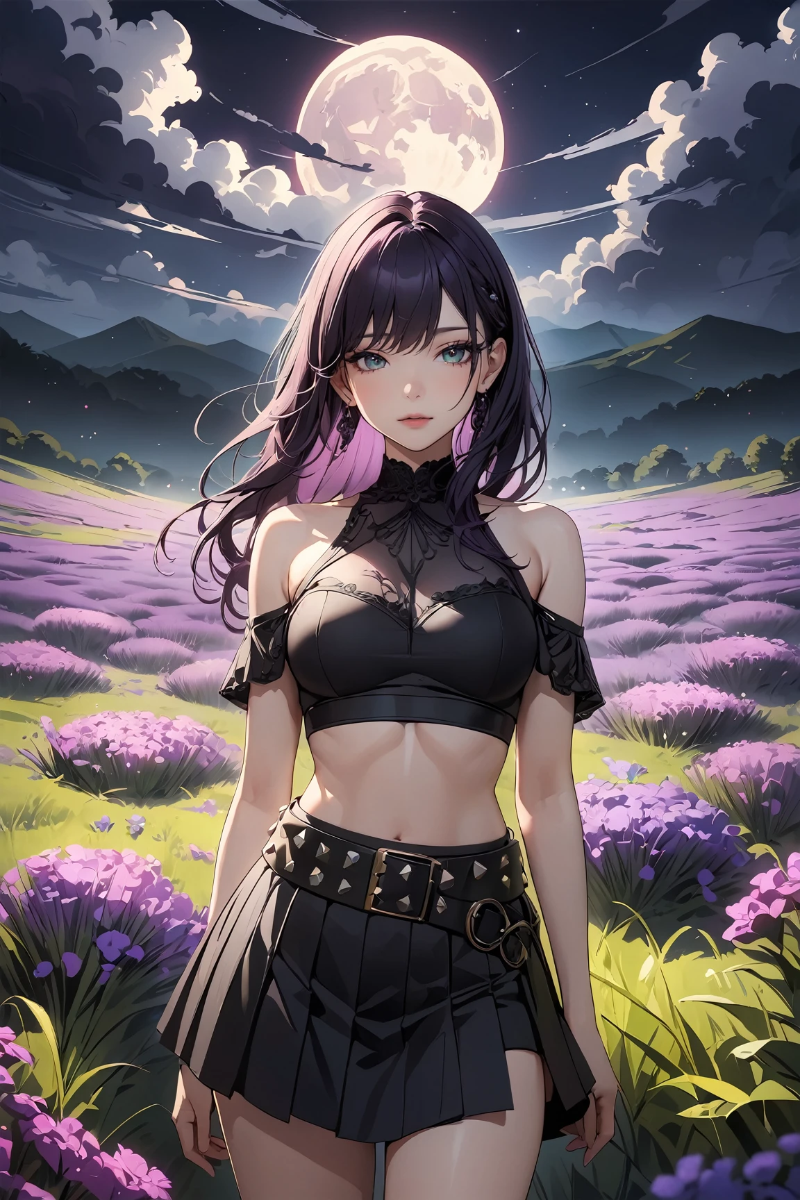 gorgeous lips, cinematic, (masterpiece), (best quality), (ultra-detailed), very aesthetic, illustration, perfect composition, intricate details, absurdres, detailed face, (anime, masterpiece, intricate:1.3), 
black long hair, green eyes, pale skin, black crop top off the shoulders, black skirt with studded belt, black boots, dark sky, mist fog, ambient moonlight, purple meadow field, high quality resolution diffinition master piece