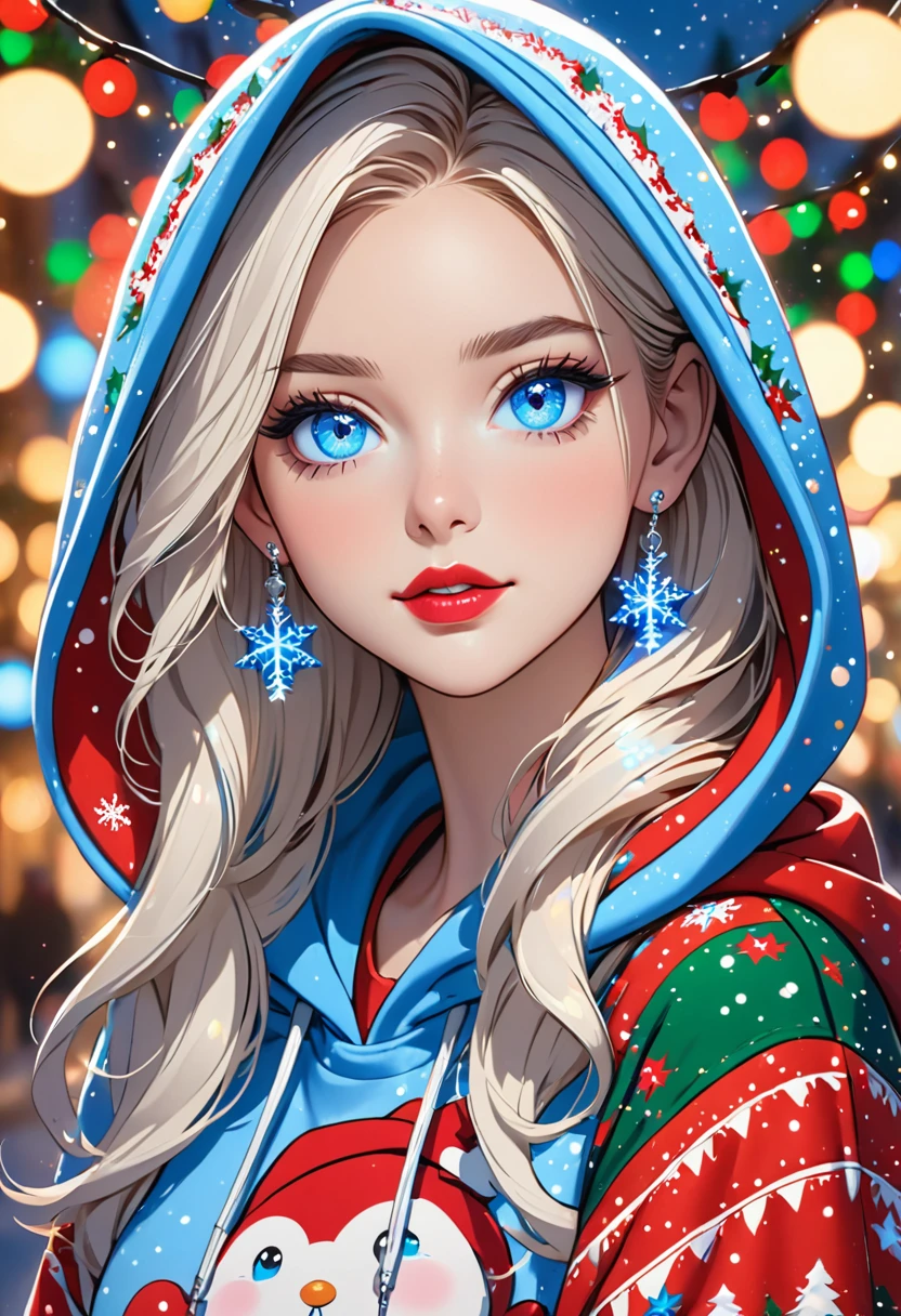 a cartoon girl with blue eyes wearing a hooded sweatshirt and some lipstick in a christmas lights scene, 1girl, hood, blue eyes, solo, earrings, jewelry, hoodie, looking at viewer, hood up, long hair