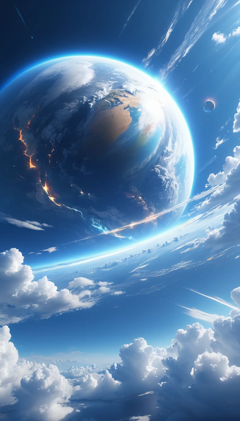 ( Extremely Detailed CG Integrated 8K Wallpaper) (top-quality),      Sun shining 。 intense streaks of light radiate and 。 with a planet in the center。 blends into the deep blue sky 。Light illuminates clouds 。Create soft shadows。Sunlight is mysterious 。There are large fluffy white clouds floating around 。 

