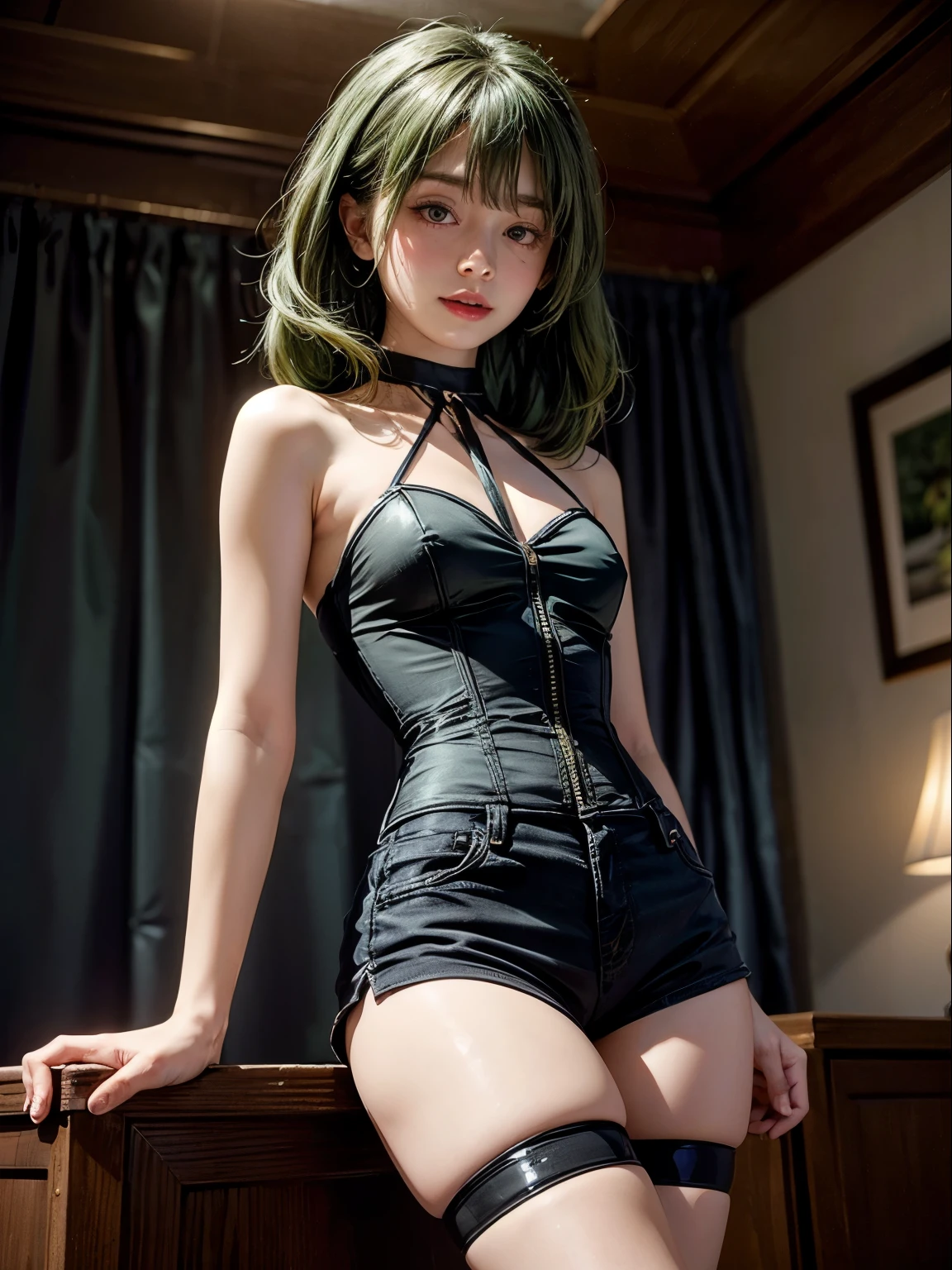 masterpiece, 1 qirl, ubel, Very detailed, seductive girl, attractive girl, Beautiful seductive woman, beautiful girl, small smile, green hair, sexy, shiny black high waisted shorts, black corset