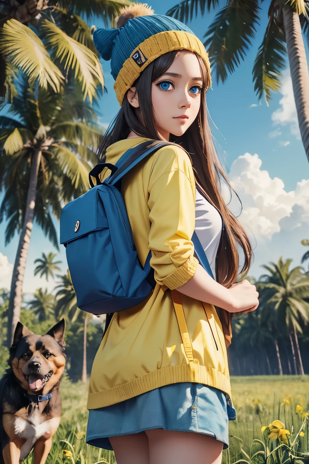 anime girl with a (((yellow backpack))) and (((four dogs in a field of coconut trees))), ((((blue eyes girl)))), (((The girl is wearing a beanie))), cute detailed digital art, adorable digital painting, ((((camera a front of character)))), artwork in the style of guweiz, realistic anime 3 d style, anime styled 3d, render of a cute 3d anime girl, made with anime painter studio, anime style. 8k, childrens art in artstation, anime visual of a cute girl,