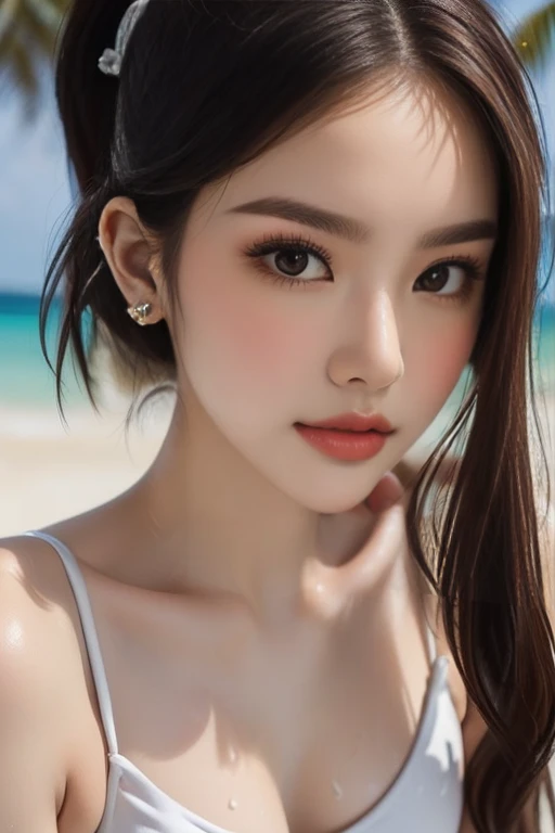 8K,Pieces fly, Highest quality, figure, Very detailed, finely, High resolution, 8k wallpaper, Perfect dynamic composition, Dark and beautiful eyes, bandeau bikini, Random Cute Hairstyles, Natural color lip,At the Beach, Random cute poses,Cleavage,Detailed eyes