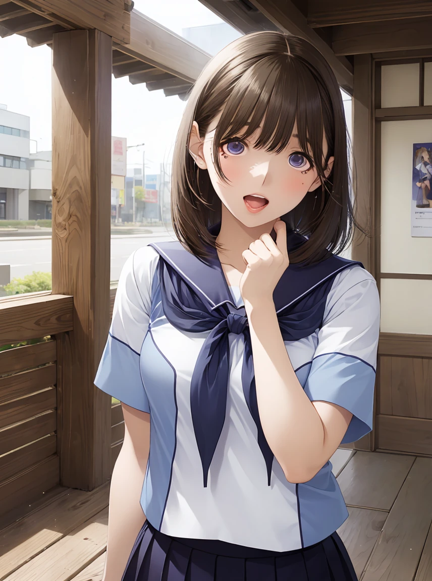  high resolution on down ,In 8K,Best Quality,  Details,Semi-realistic anime,3D Anime Style, Smooth Animated CG , one girl playing pranks, 19-year-old Japanese woman,slim,modeling, (( Semi-long Cheek Hair )), Beautiful brown hair,  Detailsな顔,Beautiful and  Details,  growing skin  ,((  Dark Blue-Purple Sparkling Eyes )),( small breasts),((( open your mouth))),(smile), sailor suit,Short sleeve、Shibuya Dusk 、 cowboy shot