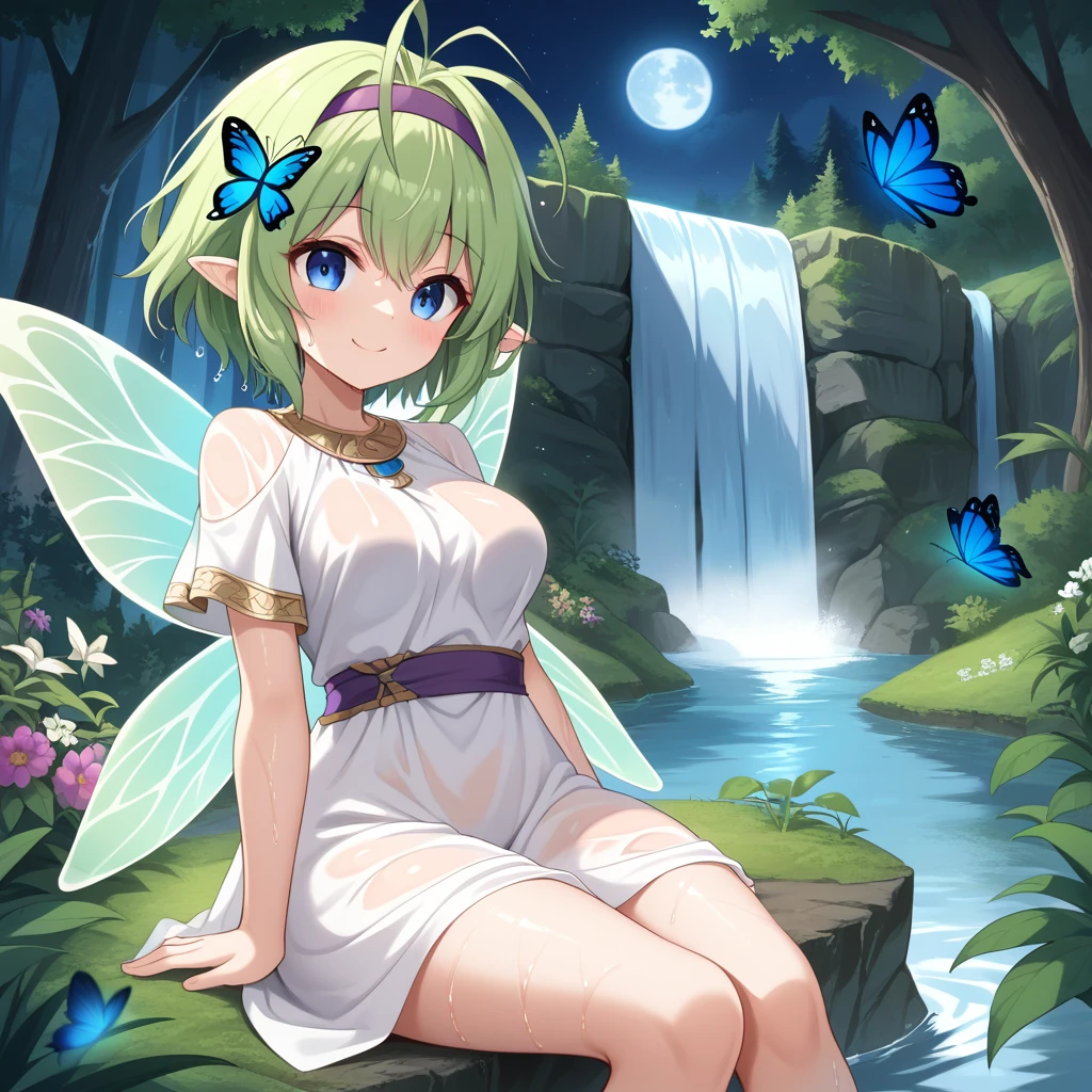 score_9, score_8_up

(masterpiece), best quality, expressive eyes, perfect face, perfect thighs, perfect anatomy, perfect breasts, perfect eyes, medium breasts, perfect thighs, perfect hips,

ninoss, blue eyes, green hair, short hair, antenna hair, purple hairband, hair ornament, greek clotches, greek goddess, white tunic, see-through, waterfall, behind waterfall, inside waterfall, wet clothes, inside water, smile, blush, moon, night sky, butterflies, forest, flowers,   fairy wings, sitting, on side