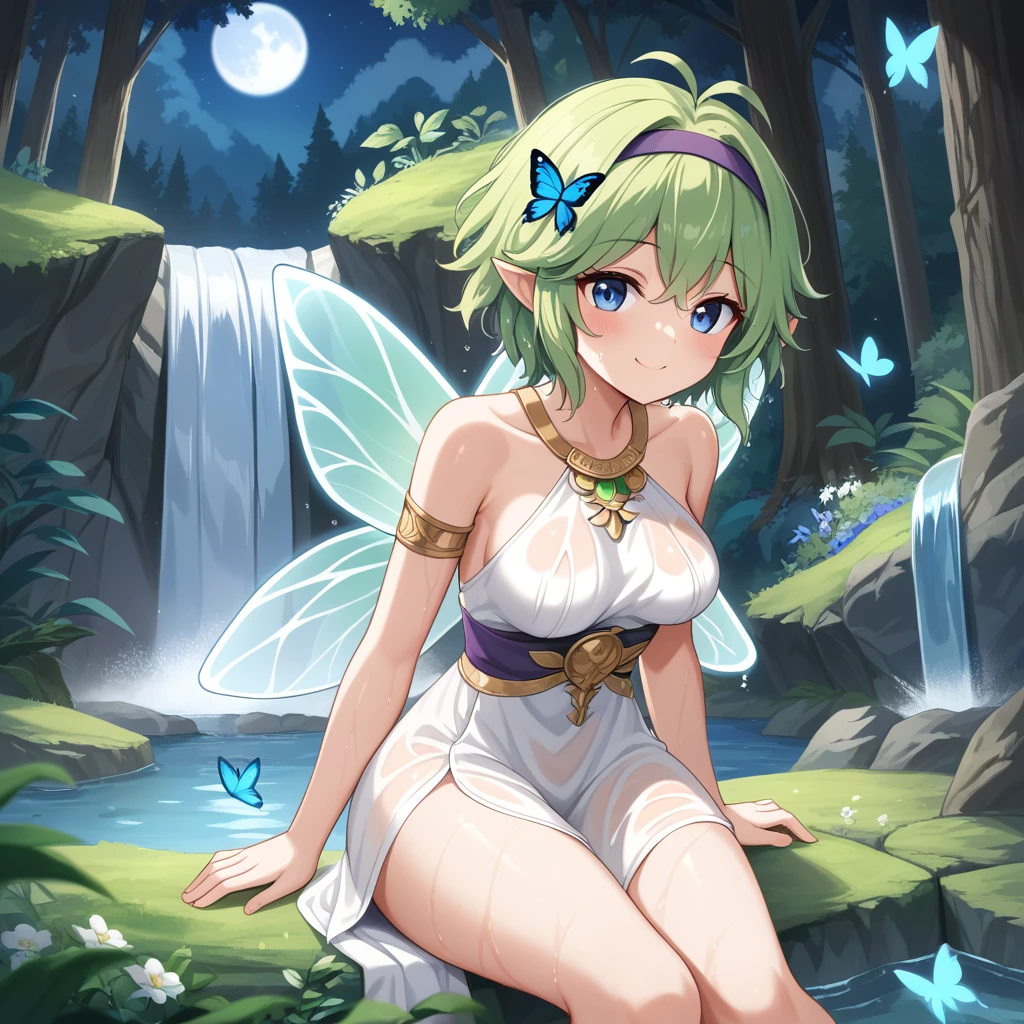 score_9, score_8_up

(masterpiece), best quality, expressive eyes, perfect face, perfect thighs, perfect anatomy, perfect breasts, perfect eyes, medium breasts, perfect thighs, perfect hips,

ninoss, blue eyes, green hair, short hair, antenna hair, purple hairband, hair ornament, greek clotches, greek goddess, white tunic, see-through, waterfall, behind waterfall, inside waterfall, wet clothes, inside water, smile, blush, moon, night sky, butterflies, forest, flowers,   fairy wings, sitting, 