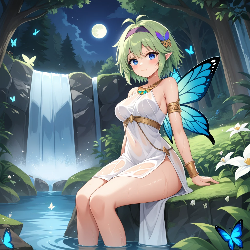 score_9, score_8_up

(masterpiece), best quality, expressive eyes, perfect face, perfect thighs, perfect anatomy, perfect breasts, perfect eyes, medium breasts, perfect thighs, perfect hips,

ninoss, blue eyes, green hair, short hair, antenna hair, purple hairband, hair ornament, greek clotches, greek goddess, white tunic, see-through, waterfall, behind waterfall, inside waterfall, wet clothes, inside water, smile, blush, moon, night sky, butterflies, forest, flowers,   fairy wings, sitting, 