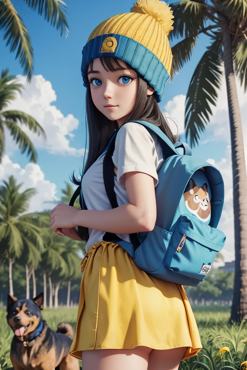 anime girl with a (((yellow backpack))) and (((four dogs in a field of coconut trees))), ((((blue eyes girl)))), (((The girl is wearing a beanie))), cute detailed digital art, adorable digital painting, ((((camera a front of character)))), artwork in the style of guweiz, realistic anime 3 d style, anime styled 3d, render of a cute 3d anime girl, made with anime painter studio, anime style. 8k, childrens art in artstation, anime visual of a cute girl,