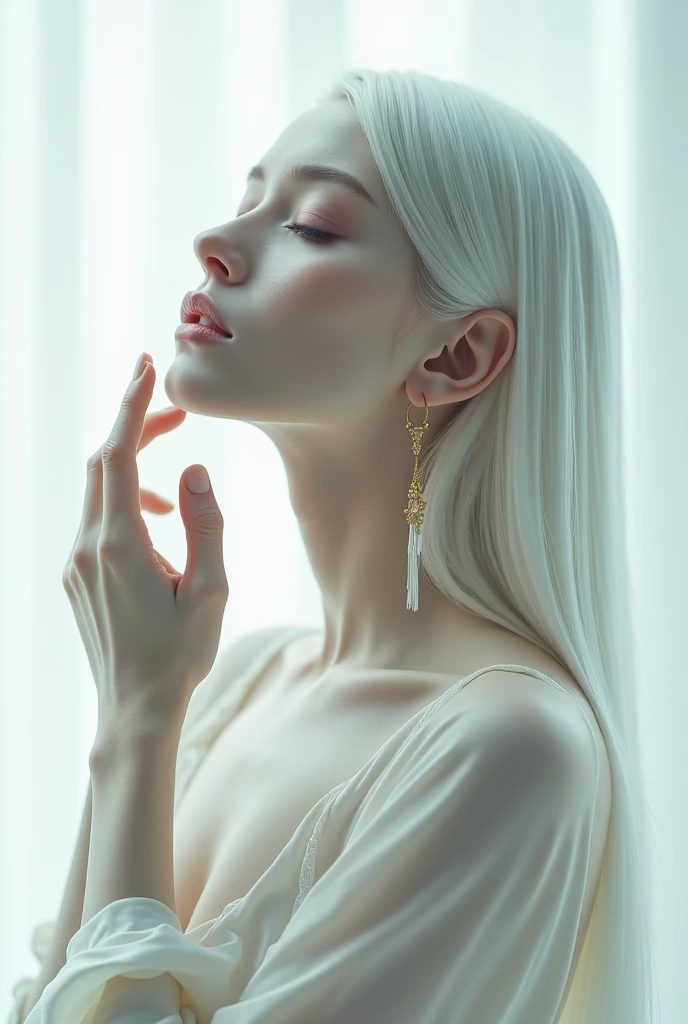 best quality, masterpiece,white hair, gold eyes,white clothes, looking up, upper body,hair strand,Fair skin,side braids