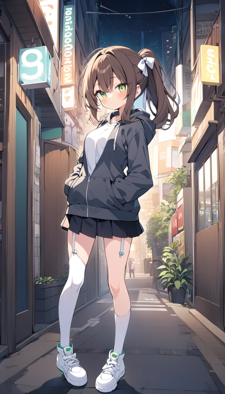 score_9, score_8_up, score_7_up, 1girl, solo, plain white t-shirt, dark gray hoodie, brown hair, ponytail with ribbon, white ribbon, both hands in hoodie pockets, green eyes, slit pupils, black skirt, short skirt, white stocking, white shoes, garter straps, looking at viewer, blush, standing, city at night quiet, medium breasts, 160 cm high, (better hands:1.2)