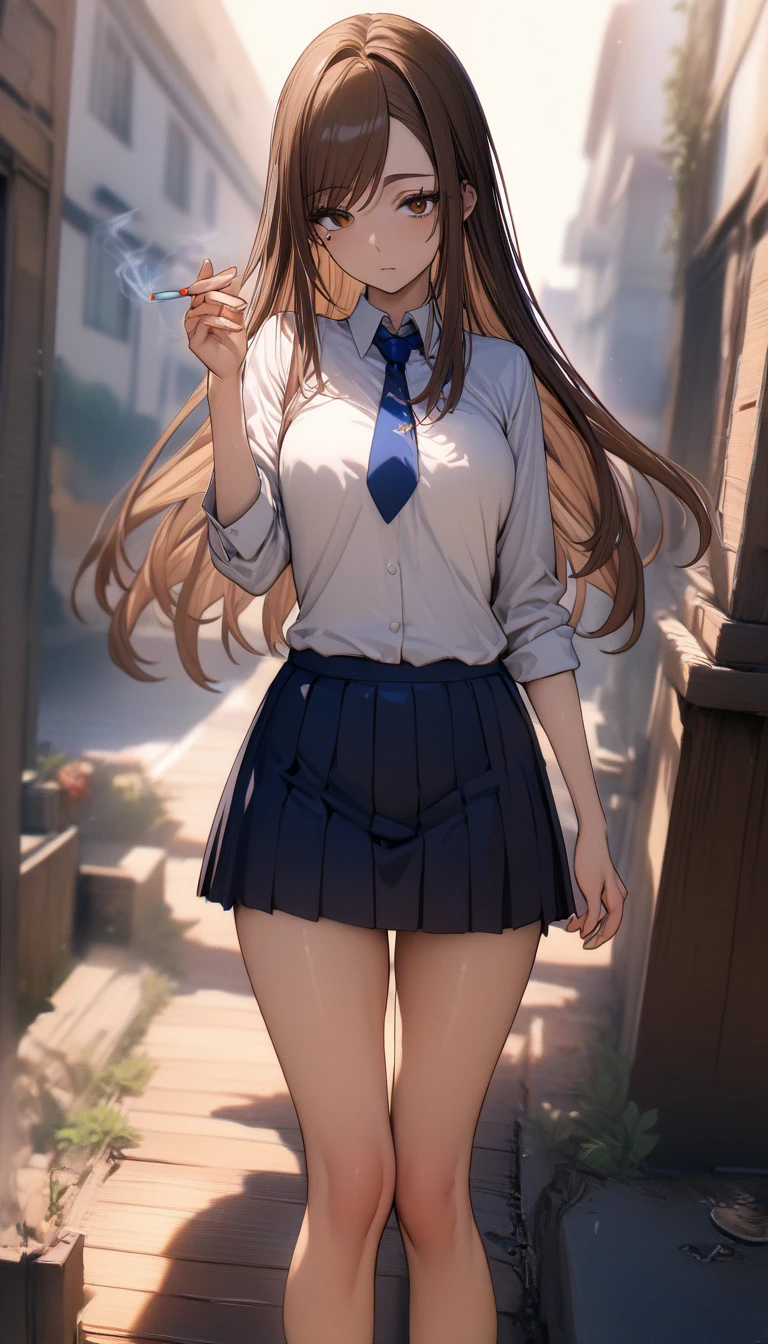 half-body, feet out the frame, standing, 1girl, Ieiri Shoko, solo, closed mouth, mole under right eye, expressive brown eyes, brown hair, long hair, swept bangs, chill, slender, school uniform, white shirt with blue necktie, marine skirt, (detailed beautiful face and eyes), HDR, absurdres, highres, ultra detailed, Jujutsu Kaisen, holding a cigarette, simple background, (masterpiece, 8k, best quality:1.3)