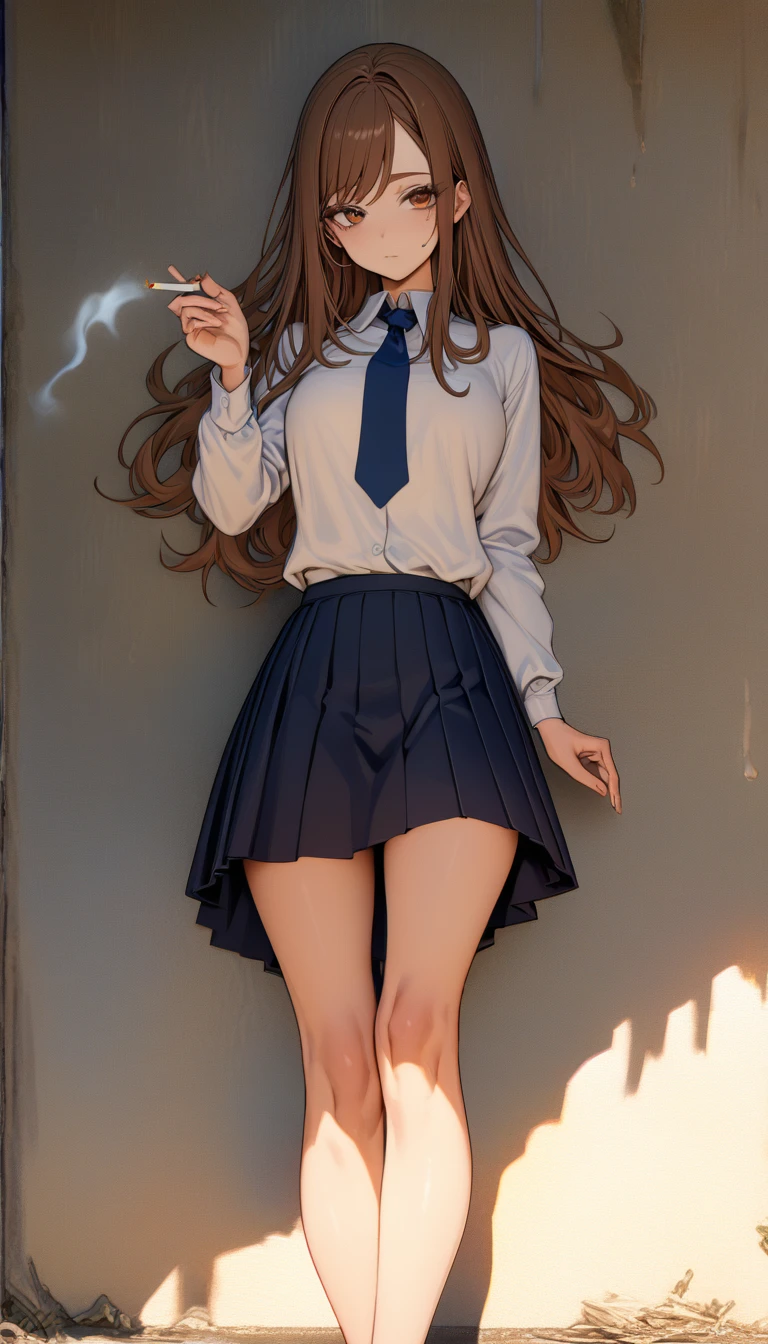 half-body, feet out the frame, standing, 1girl, Ieiri Shoko, solo, closed mouth, mole under right eye, expressive brown eyes, brown hair, long hair, swept bangs, chill, slender, school uniform, white shirt with blue necktie, marine skirt, (detailed beautiful face and eyes), HDR, absurdres, highres, ultra detailed, Jujutsu Kaisen, holding a cigarette, simple background, (masterpiece, 8k, best quality:1.3)