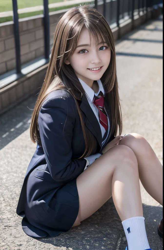 +masterpiece, Best Quality, Super detailed, High school girl,  Shy , smile, Rich details, (Brunette Long Hair),  perfect face, smile, Student Uniform,  sitting, full-body,  cinematic lighting, Take a picture of beautiful legs from your feet,low angle, 8K RAW photo, my schol days.