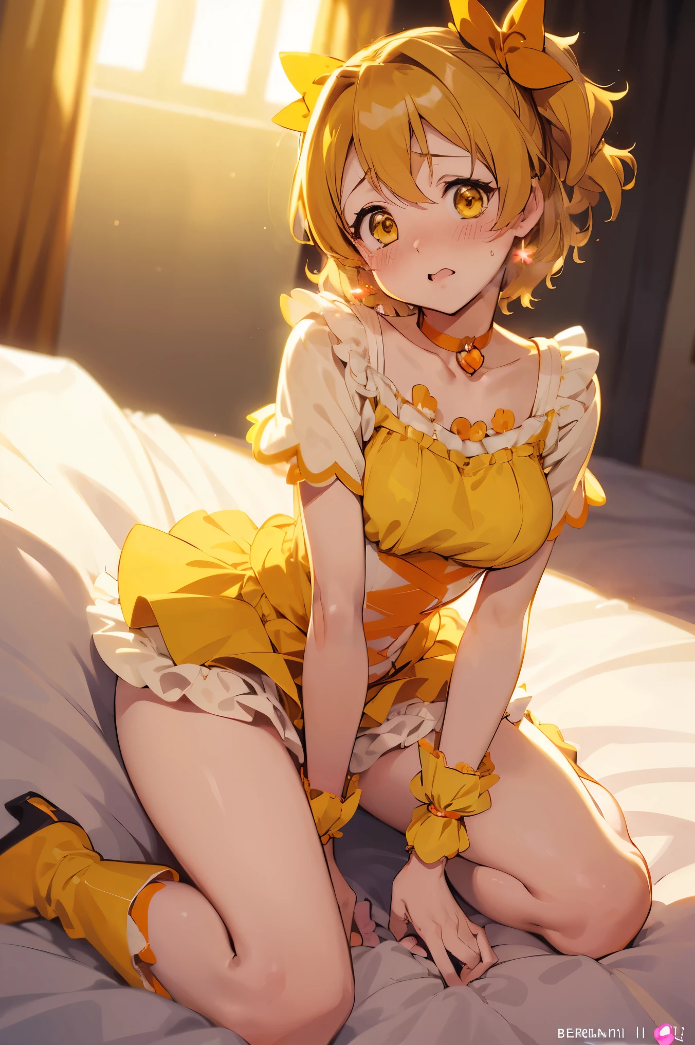 NSFW,masterpiece,Best Quality, high resolution on down, very detailed,Cure Pine \( Pretty Cure\), one side up 、 short hair、 hair bow、Frills、Short sleeve、Wrist cuffs、 orange choker、orange boots 、Yellow Skirt,(Embarrassed:1.5),( shy:1.5),(Nightlife:1.5),( bedroom:1.5),( Kudelia Aina Bernstein :1.5)