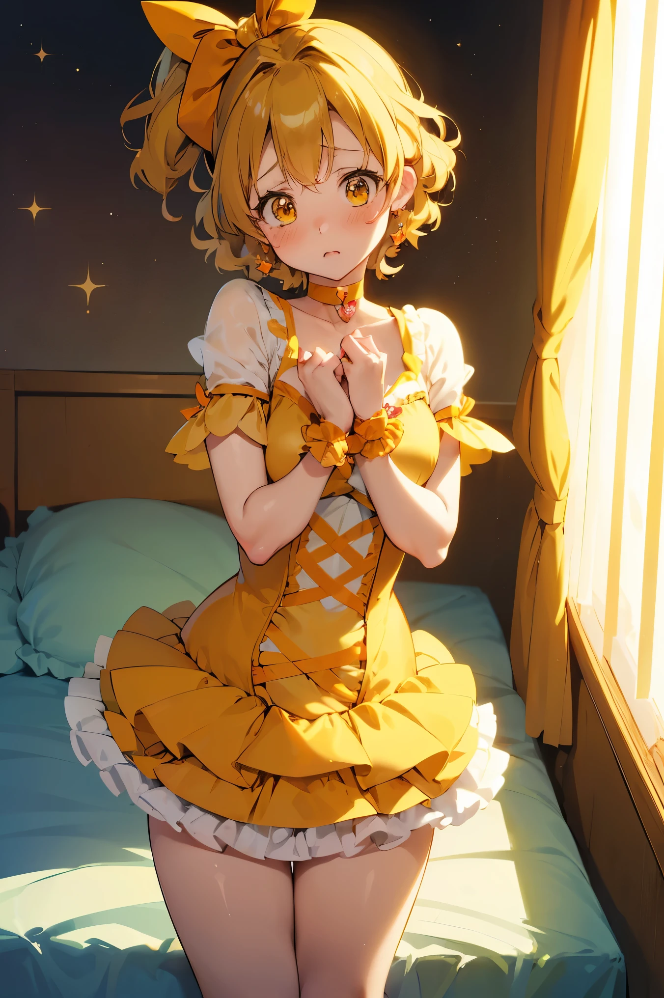 NSFW,masterpiece,Best Quality, high resolution on down, very detailed,Cure Pine \( Pretty Cure\), one side up 、 short hair、 hair bow、Frills、Short sleeve、Wrist cuffs、 orange choker、orange boots 、Yellow Skirt,(Embarrassed:1.5),( shy:1.5),(Nightlife:1.5),( bedroom:1.5),( Kudelia Aina Bernstein :1.5)