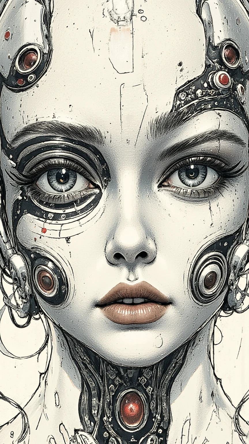 ((best quality)), ((masterpiece)), (detailed), perfect face of cyberpunk mecha japanese girl, surreal, art nouveau, in the illustrative style of moebius, spaceships, aliens, fantasy, sci-fi, graphic novel, line drawing, french retro,
