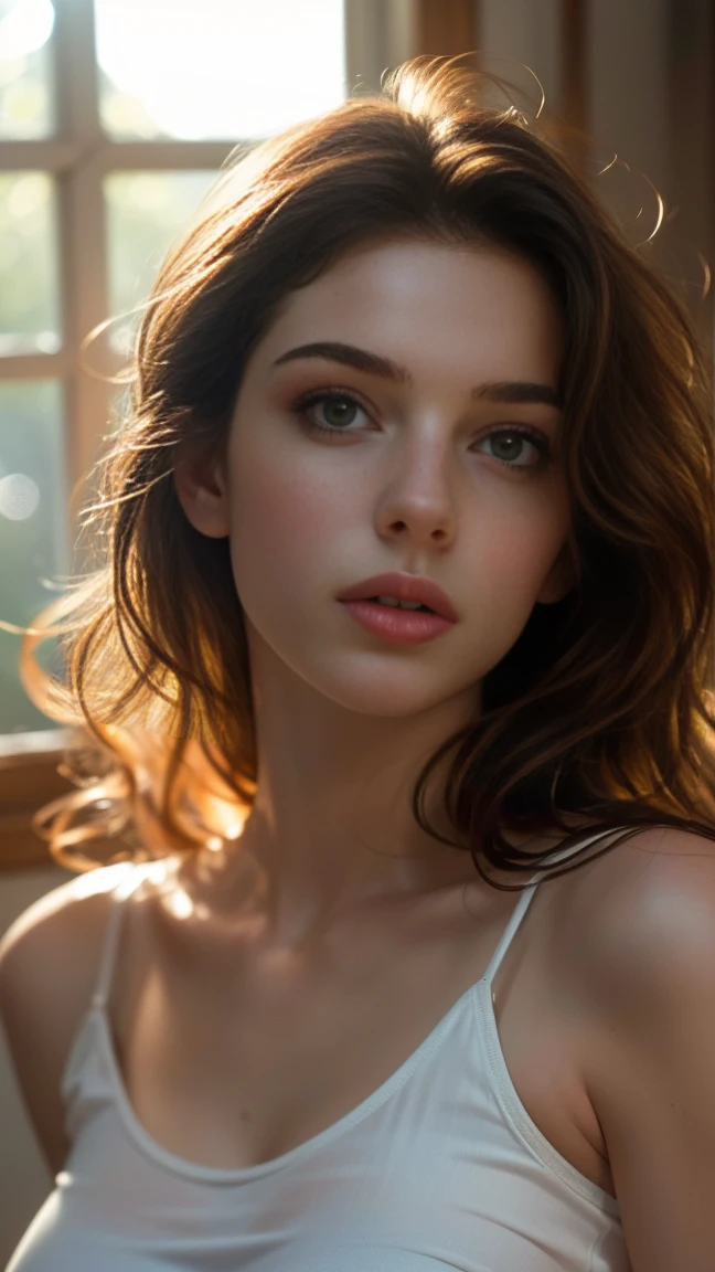 (((ultra realistic))) Photo, masterpiece, top quality, (pale skin), (Ultra detailed face and eyes:1.3), 1 girl, Adult, in a T-shirt, (Eye makeup, mascara) , ((large detailed lips)), ((ash wavy hair)), ((Chyolka)) , (Natural breasts), Slim waist. ((Posing)), photoshoot, studio (soft lighting), (The play of light and shadows), depth of field, bokeh, (special attention to skin detail: 1.2), Detailed leather texture, skin pores. (Airy atmosphere of the frame. Color range - delicate, Bright, white, Pink tones), UDR, ((Film grain)), ((rays)), ((glare of the sun)), ((waist up portrait, close to the camera)) , ultra detialed,