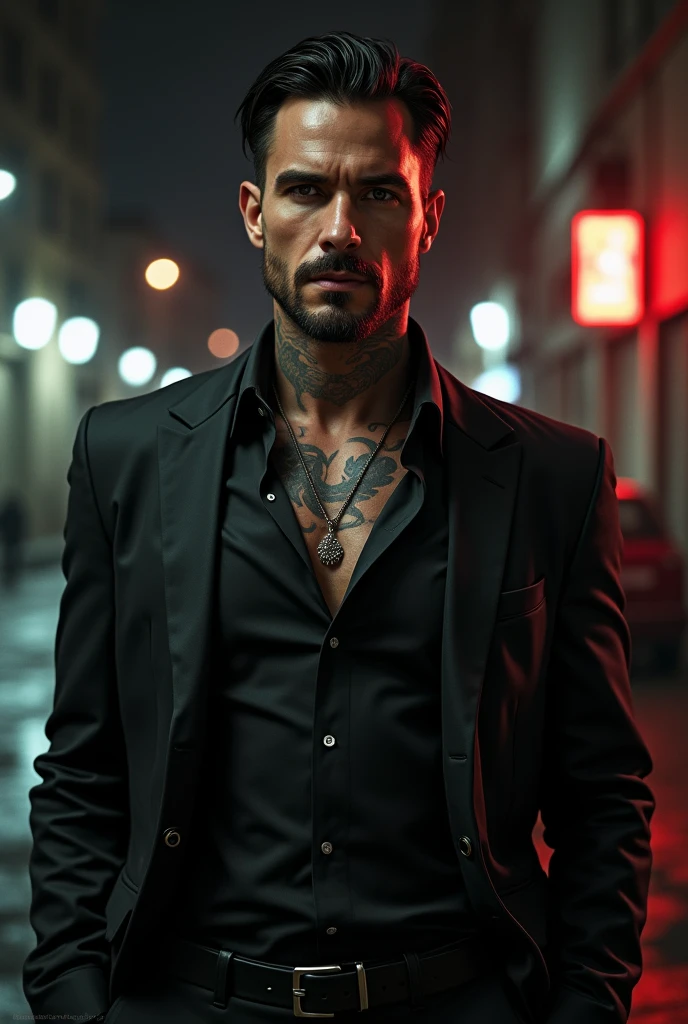 Tattooed male, man, shaved head, pointy mustache soul pach,(visinle, red glasgow smile scars, like jokers in the dark knight) toll, slim fith, long leather coat, leather pants no shirt, black eye make up, summer night passing bi the club, lights make scars more visible, line of hot,girls waiting to get in