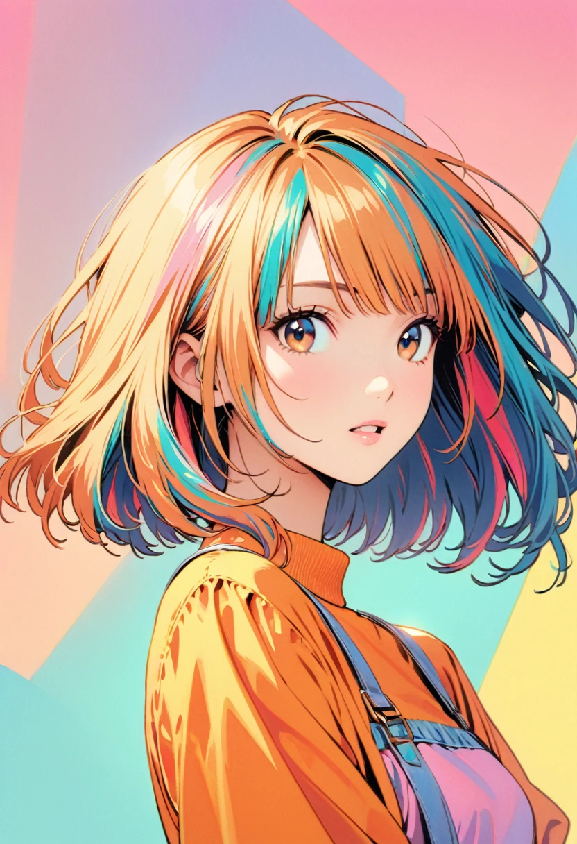 (highest quality:1.2, City Pop Style, Very detailed, up to date, Vibrant, High Contrast, masterpiece:1.2, highest quality, Best aesthetics), girl, ((Face Up Shot:1.4)), Colorful Hair, Bobcut, pastel colour, 1980s style, ((Retro, Vintage, Solid color background))