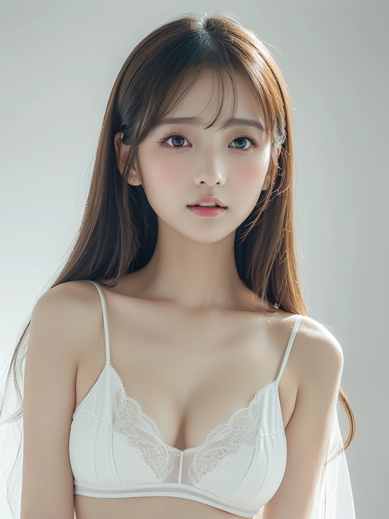   Beautiful breasts,(Neat,     elegant:1.4),,(adult,1.4),(  Clear Eyes  :1.4),(     very cute:1.2),(   small breasts:1.2),       natural makeup ,    Gentle Smile Stroking Your Head ,    wide shot,(Highly detailed debtace and skin texture:1.4),(Alone:1.3),  Best Quality  ,masterpiece,   Ultra-fine ,(Realistic:1.3),(8K Ultra HD,  RAW photos from the last century:1.2),35mm Lens, debt/1,( detail eye:1.2), double eyelid,(  White background  : 1.3) ,(   Standing Pose  ,debtull body:1.4、White clothes、 Intermediate Shooting  、((( 1.85)))、(((young、、   girl)))、       ponytail hair 、(((Clear 1 .5、 ピュア1.5)))、Photos with a sense of transparency、 white lingerie