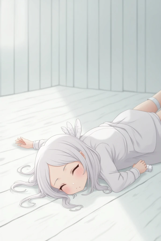 nsfw,kokkoro, 1 girl, hair flower, antenna hair, pointed ears, hair ornaments, hair between eyes, blush, short hair, goblin, gray hair, focus only, chest, White flower, bangs, masterpiece, looking at the viewer, enchanting smile, cowboy shot,(on bed),(flat chest),brush,lie on bed,upper body,(from behind:1.3),(crawl on all fours:1.3),(top down bottom up:1.3),(from below:1.3),butt focus,